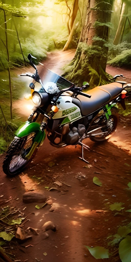 there is a motorcycle parked on the dirt road in the woods, motorcycle, motorbike, moped, front side full, front side view, one motorbike in center of frame, front side, front profile shot, frontal shot, full lenght shot, ah puch, looks smart, a wide full shot, 3/4 front view, unreal ungine 5
