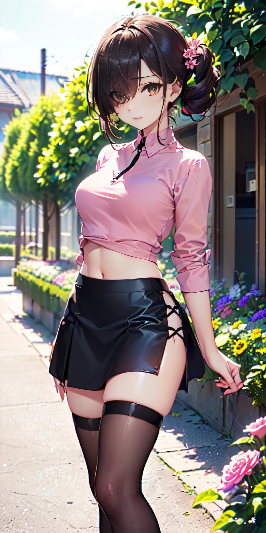master painting, 8K quality, master painting, 8K picture quality, busty, pink mole on chest, belt), bare waist, (symmetrical eyes), leather jacket, leather jacket, leather jacket, (against the sky long legs)))) long legs, tight skirt, red high heels (perfectly symmetrical body), rainbow color BREAK factory super long lens, (( (natural light))) ((center shot, seen from the front)), ((face and waist))) (( (Fishman line)))) super long shot of rainbow color BREAK factory, night, bangs, mid-chest, (plump), slim, smile, [wide buttocks], centered shot, viewed from the front, ((masterpiece, excellent)), (1girl), ((girly)), light pink hair,