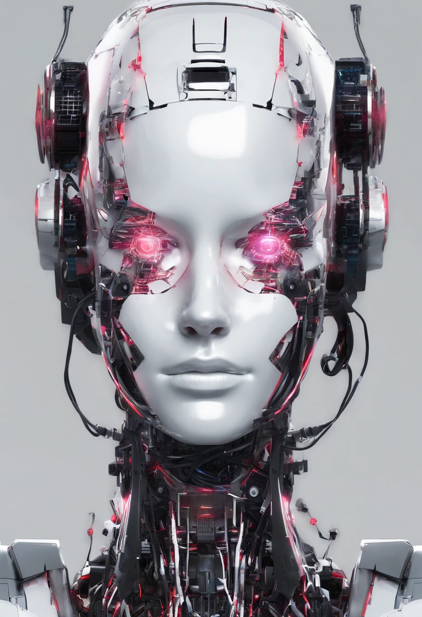 a close up of a woman's head with wires attached to it, robotic face, robot with human face, robotic head, portrait of a female android, detailed face of an android, portrait of an android, a portrait of an android, cyborg girl, portrait of a cyborg, cyborg - girl, cybernetic machine female face, portrait of a futuristic robot, cyborg woman