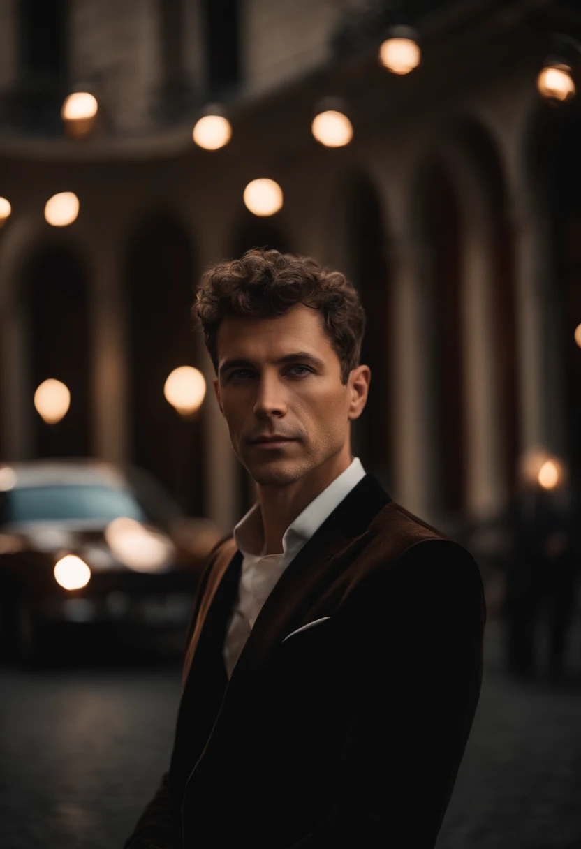 corps entier, wide-angle photo close-up portrait of the body of a handsome man , Grand et en forme, (40 ans:1.1), (shaven:1.2) , (very short brown curly hair:1.5),(very short hair:1.6). Dark brown tight velvet suit, (La veste a des motifs de fleurs noires:1.2). (posing outside the mansion with a luxury car:1.1), crowded street with cafes in the distance, Cold and dark sunset at dusk, (Edge Light:1.1),(Concentrez-vous sur les yeux), (angry look), (hard light on the skin:1.2), (ombres dures, dark themed, Contraste profond:1.1), (photographie de portrait par Annie Liebovitz), Dark mint theme and choral aesthetics, (skin imperfections)
