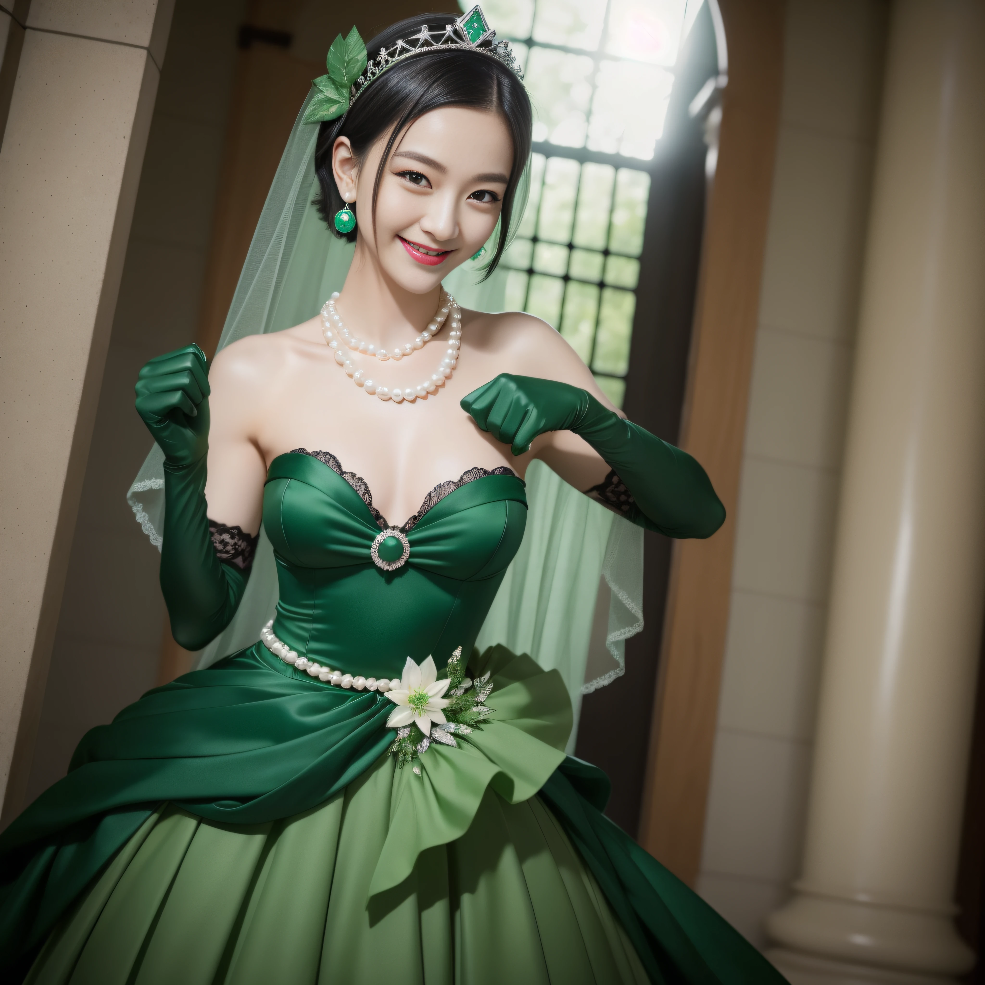 emerald tiara, Green Pearl Necklace, Boyish very short black hair, lipsticks, Japan woman smiling, Long green gloves made of satin material, very short short hair, fist, big breasts beautiful, verd s eyes