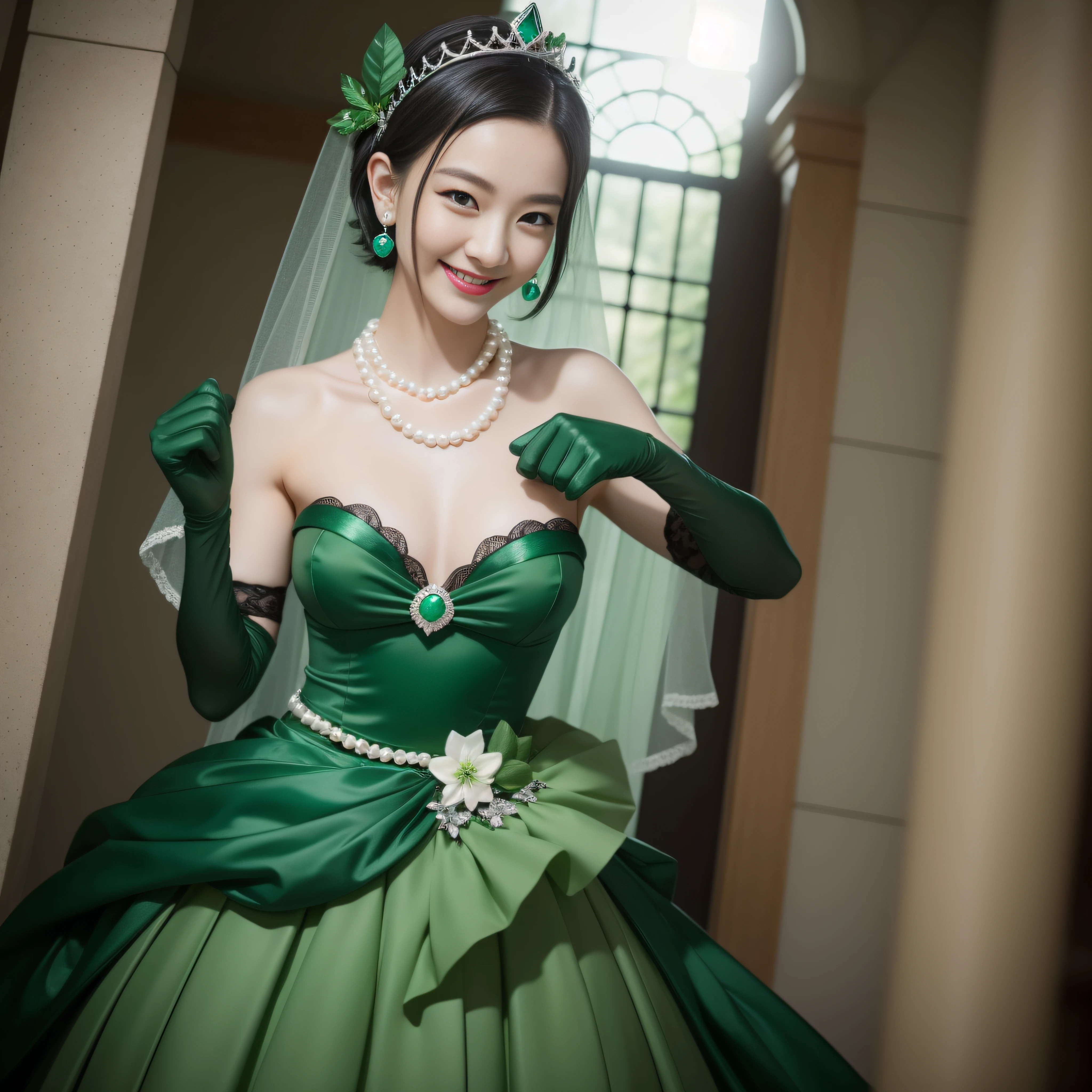 boyish very short hair, lipsticks, Japan woman smiling, Green Long Grove, emerald tiara, Pearl Necklace