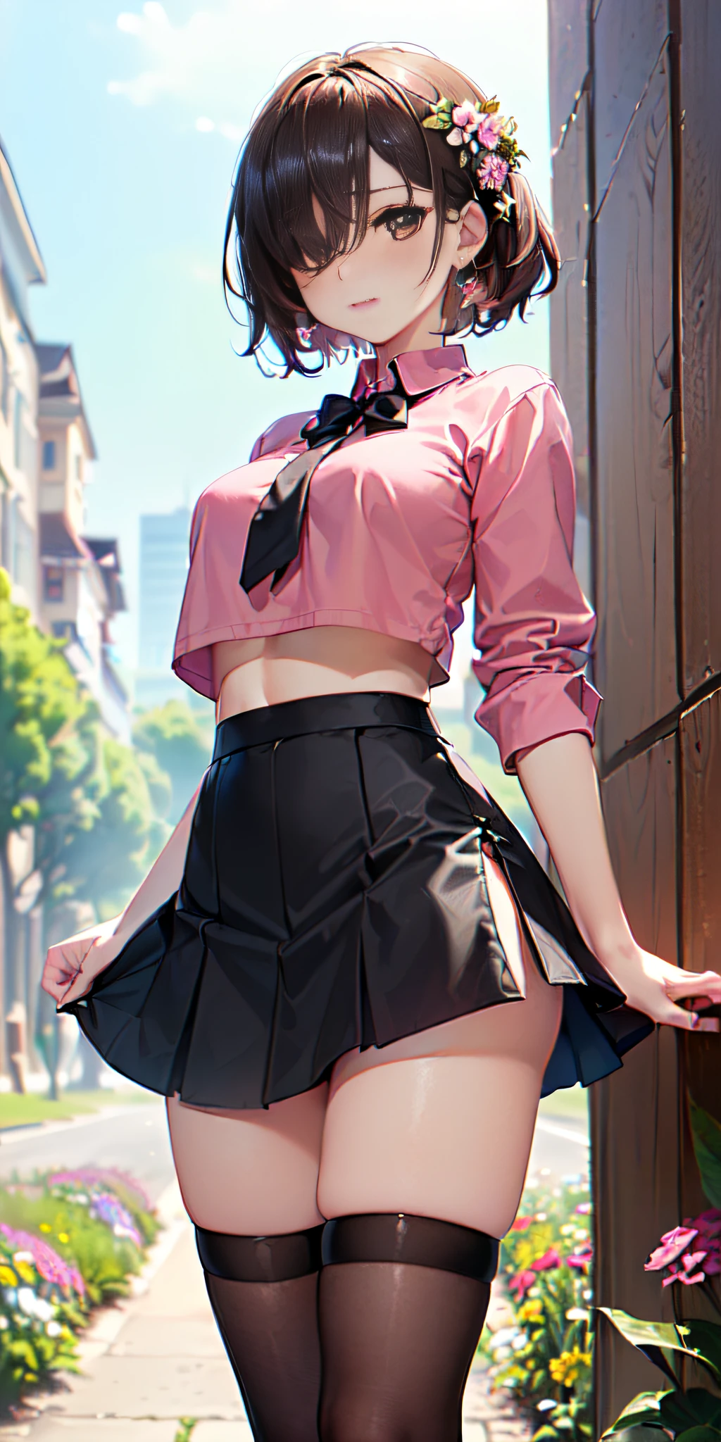 (((masterpiece, best quality, High Resolutions, hmeliza, 1girl, Hair over one eye, jewely, single thighhigh, midriff, black skirt, asymmetrical legwear, Pink shirt, black thighs, beltt, short miniskirt, Standing, Shot cowboy, outdoor, Featured, Flower )))