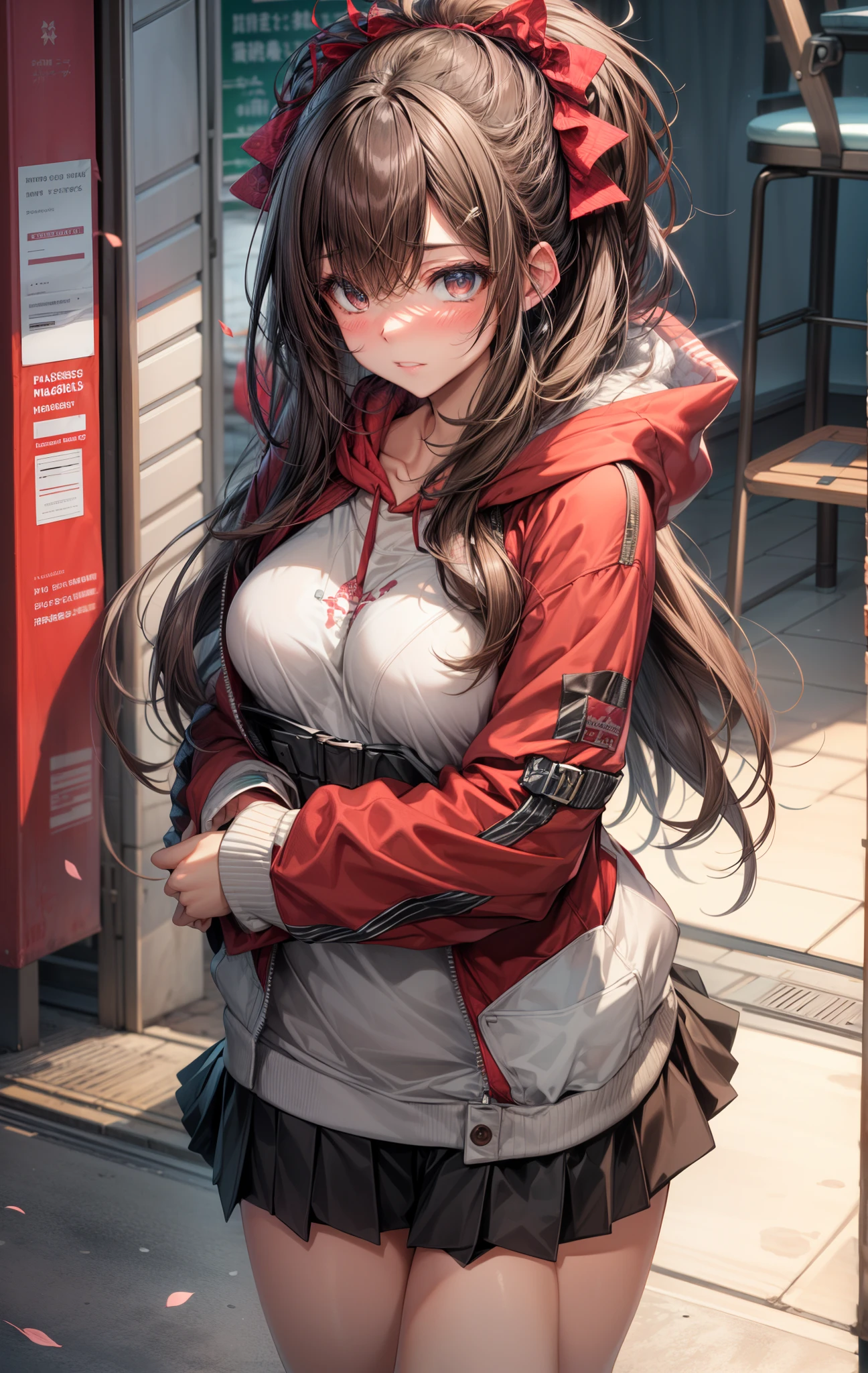 ,masterpiece, best quality, 8k wallpaper, 1girl, beautiful detailed eyes, 1girl, solo, long_hair, breasts, looking_at_viewer, blush, brown_hair, brown_eyes, medium_breasts, mizuhara_chizuru, red hoodie,