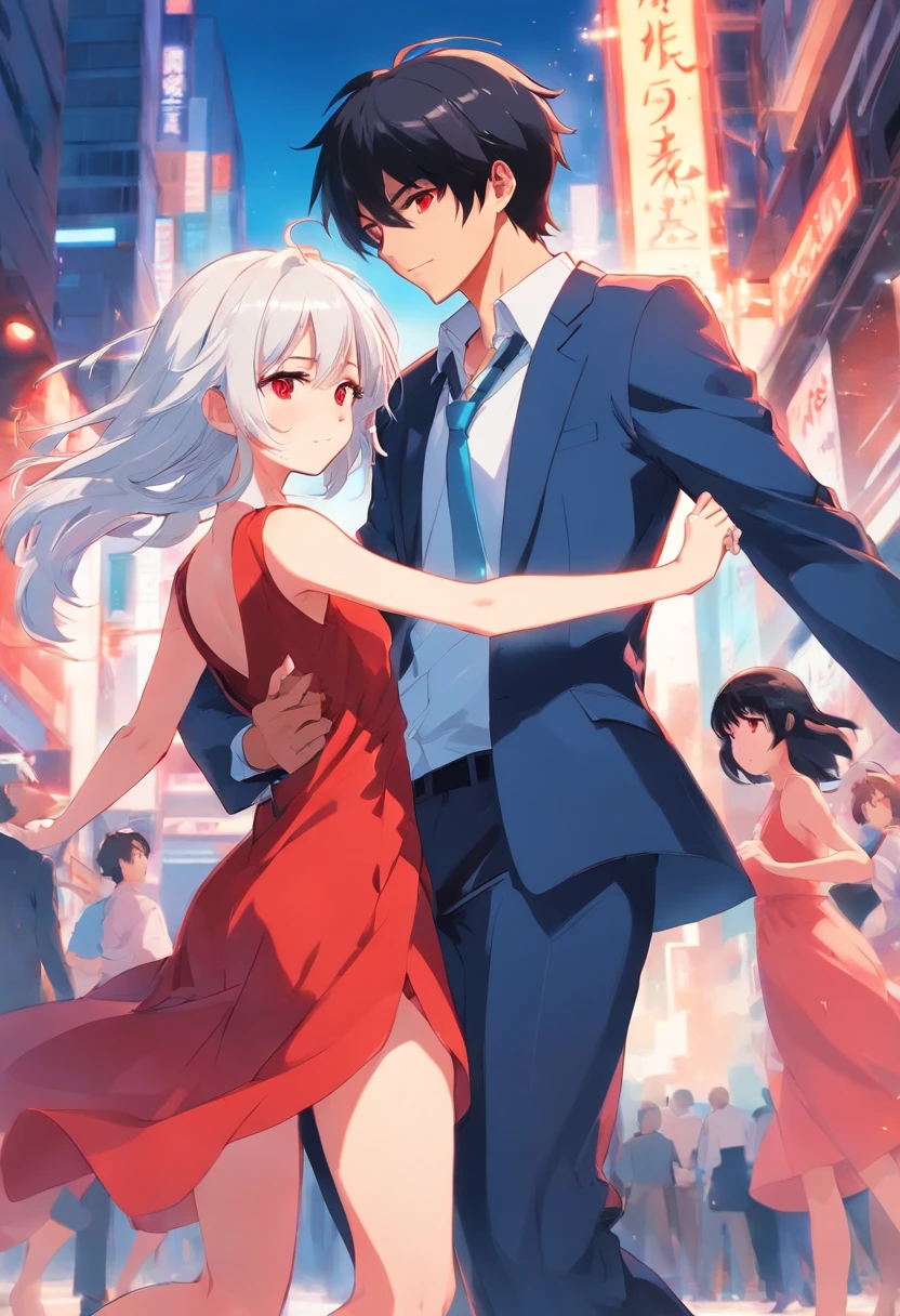 A hot boy, Black hair red eyes dancing with cute girl with white hair and blue eyes wearing red dress