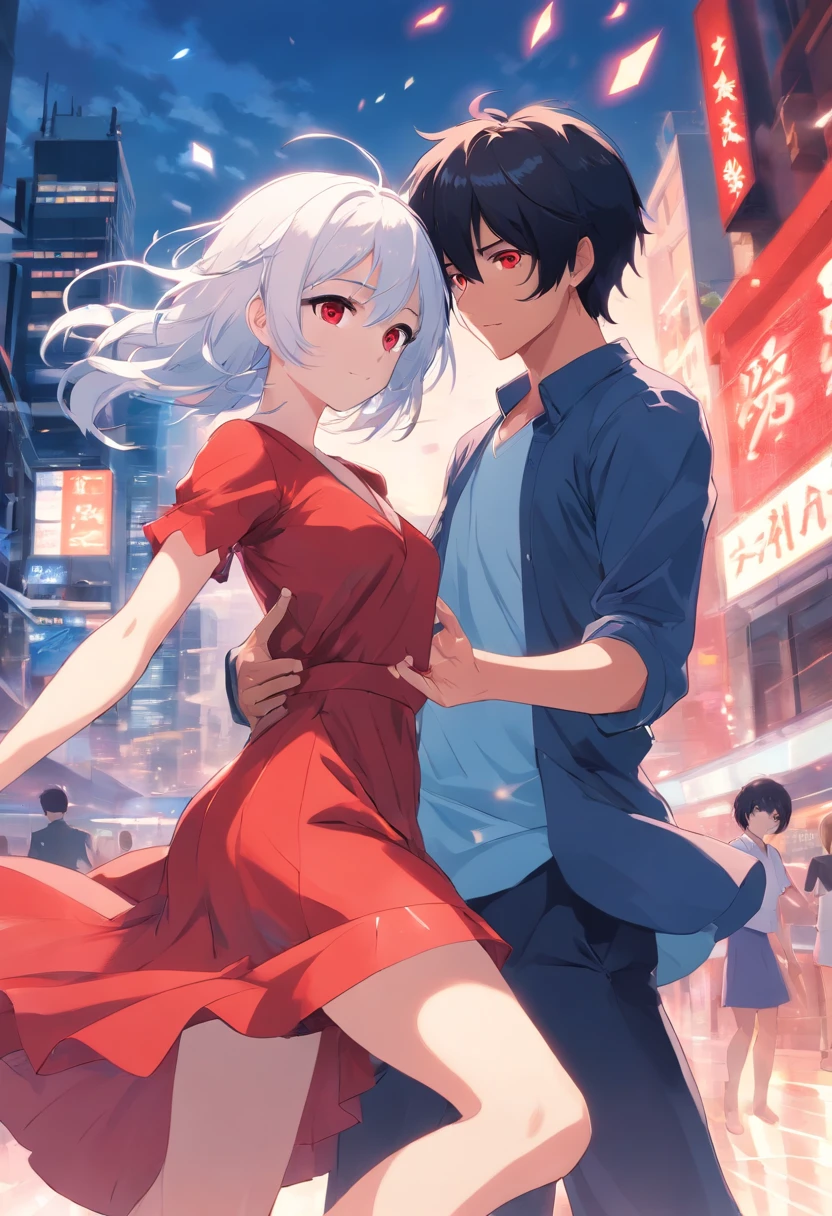 A hot boy, Black hair red eyes dancing with cute girl with white hair and blue eyes wearing red dress