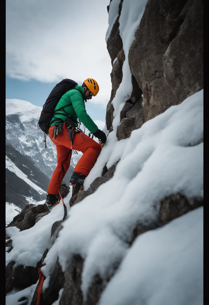 snow mountains, cliff, (1 man: 1.2), (Manloch Climbing: 1.4), Ice axe, lifeline, backpack, Polarized glasses, Icefall, Harnes,Brave climbers tackle rock walls in winter gear, Cannabilus, crochet, Vertical rock wall,danger,Thrilling,People Focus,(8K, 16 K, awardwinning, Best Quality, hight resolution, Super Detail,ultra-detailliert, Anatomically correct, masutepiece)