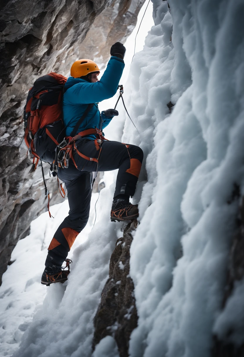 snow mountains, cliff, (1 man: 1.2), (Manloch Climbing: 1.4), Ice axe, lifeline, backpack, Polarized glasses, Icefall, Harnes,Brave climbers tackle rock walls in winter gear, Cannabilus, crochet, Vertical rock wall,danger,Thrilling,People Focus,(8K, 16 K, awardwinning, Best Quality, hight resolution, Super Detail,ultra-detailliert, Anatomically correct, masutepiece)