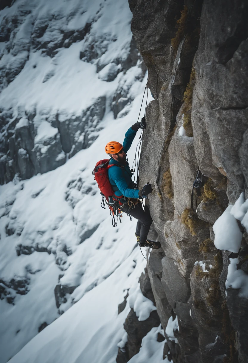 snow mountains, cliff, (1 man: 1.2), (Manloch Climbing: 1.4), Ice axe, lifeline, backpack, Polarized glasses, Icefall, Harnes,Brave climbers tackle rock walls in winter gear, Cannabilus, crochet, Vertical rock wall,danger,Thrilling,People Focus,(8K, 16 K, awardwinning, Best Quality, hight resolution, Super Detail,ultra-detailliert, Anatomically correct, masutepiece)