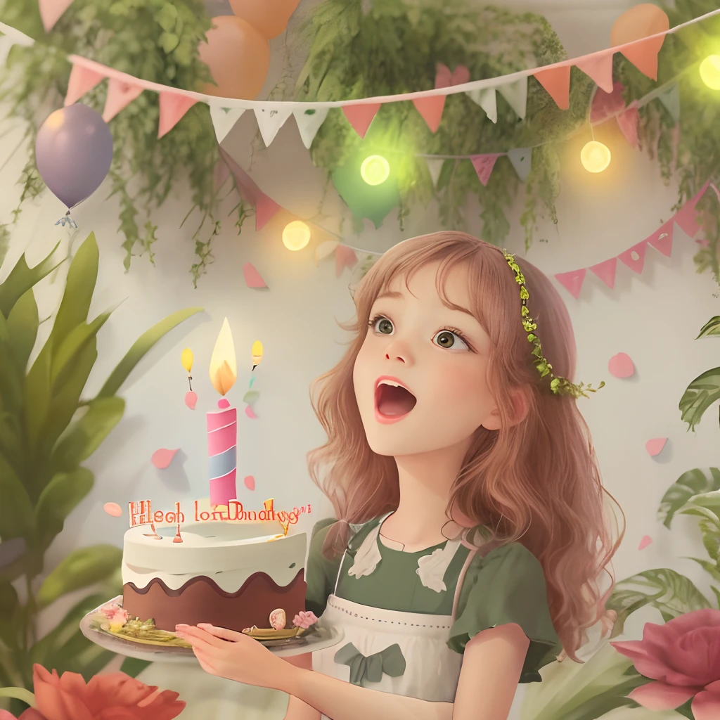 A cute and beautiful girl, Singing, The birthday cake, happy birthay, High quality,The background is plants