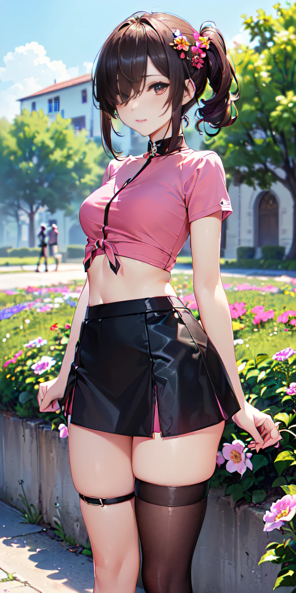 (((masterpiece, best quality, High Resolutions, hmeliza, 1girl, Hair over one eye, jewely, single thighhigh, midriff, black skirt, asymmetrical legwear, Pink shirt, black thighs, beltt, short miniskirt, Standing, Shot cowboy, outdoor, Featured, Flower )))