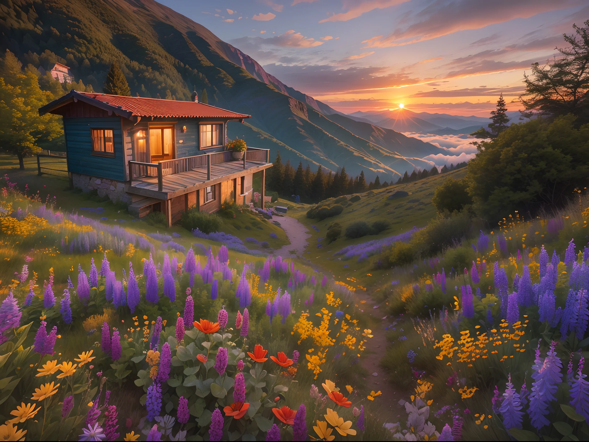 Holiday home in the mountains, setting sun, Sunset sea of clouds, wildflowers, Blue sky, Far Mountain, the detail, 4K, k hd, high high quality.