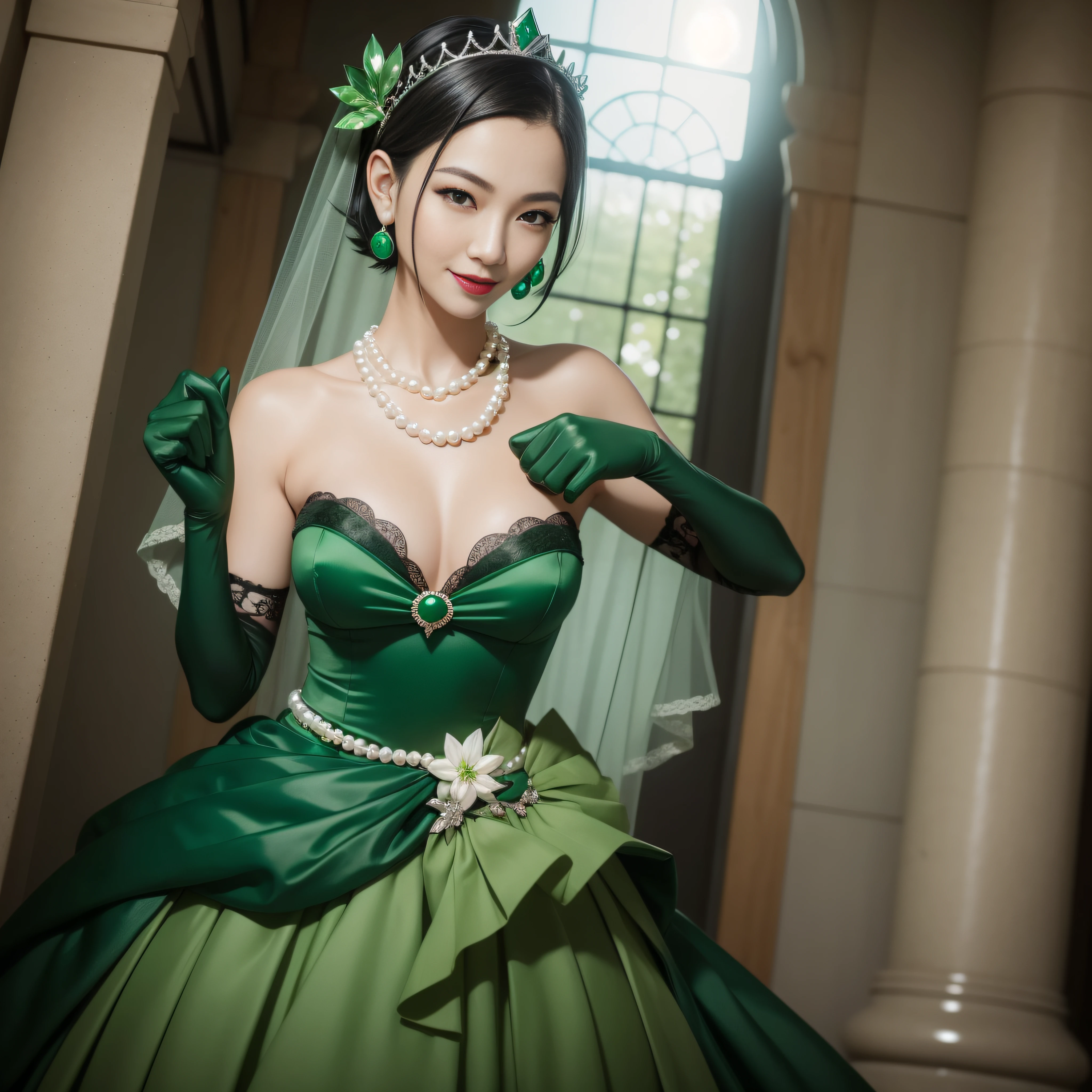 Boyish very short black hair, lipsticks, Japan woman smiling, Green Long Grove,　emerald tiara, Pearl Necklace