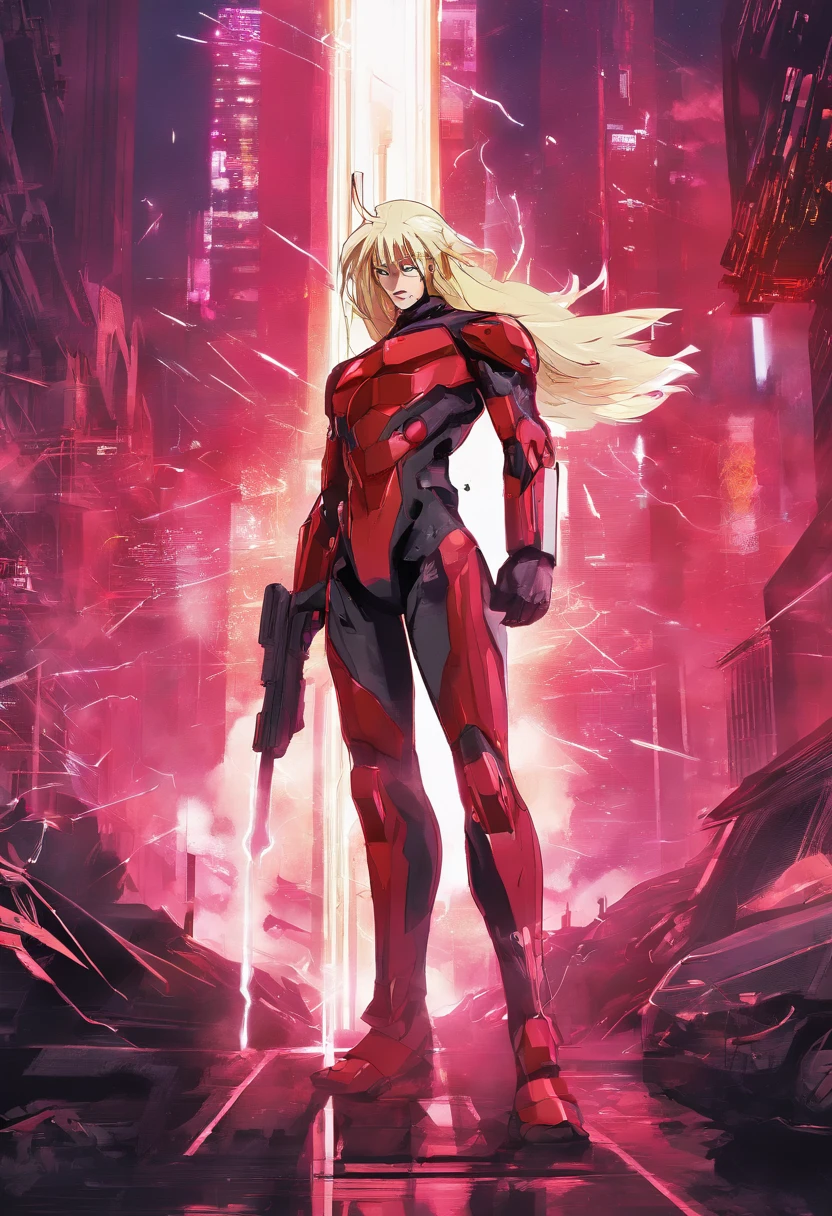 (Best quality,A high resolution,Masterpiece:1.2),Ultra-detailed,Realistic,Blonde man, The laser gun as my left arm, red leotard, futuristic scene, Dimly lit background, Strong expression, actionpacked, bold brushwork, cyberpunk aesthetics, Vibrant colors, Dynamic composition, Smoke and sparks, Futuristic city landscape, Neon lights, Dramatic shadows, Mechanical enhancement, Glowing eyes, Badass attitude, high-tech weaponry, Sharp focus, Detailed facial features, metalictexture, energy pulse, Aura of danger, Confident posture, Epic battles, Powerful explosion of energy, Intense atmosphere, SENSE OF CINEMA, Cutting-edge technology, Leiji Matsumoto、Char Aznable、
