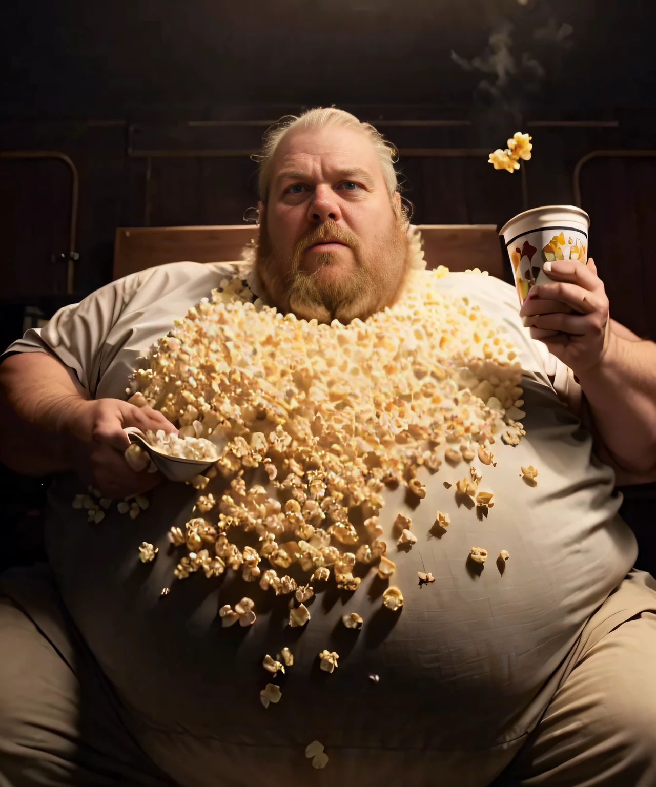 The bearded Arapei man eats popcorn，With a cup of coffee, Obese, Obese ), Gluttony, An obese, extremely fat, Fat belly, popcorn as morpheus, photorealistic film still, Big belly, Operation Bronson, Morbily obese, realistic CGI, real life peter griffin, Overweight, really realistic, cinematic movie image, Very fat
