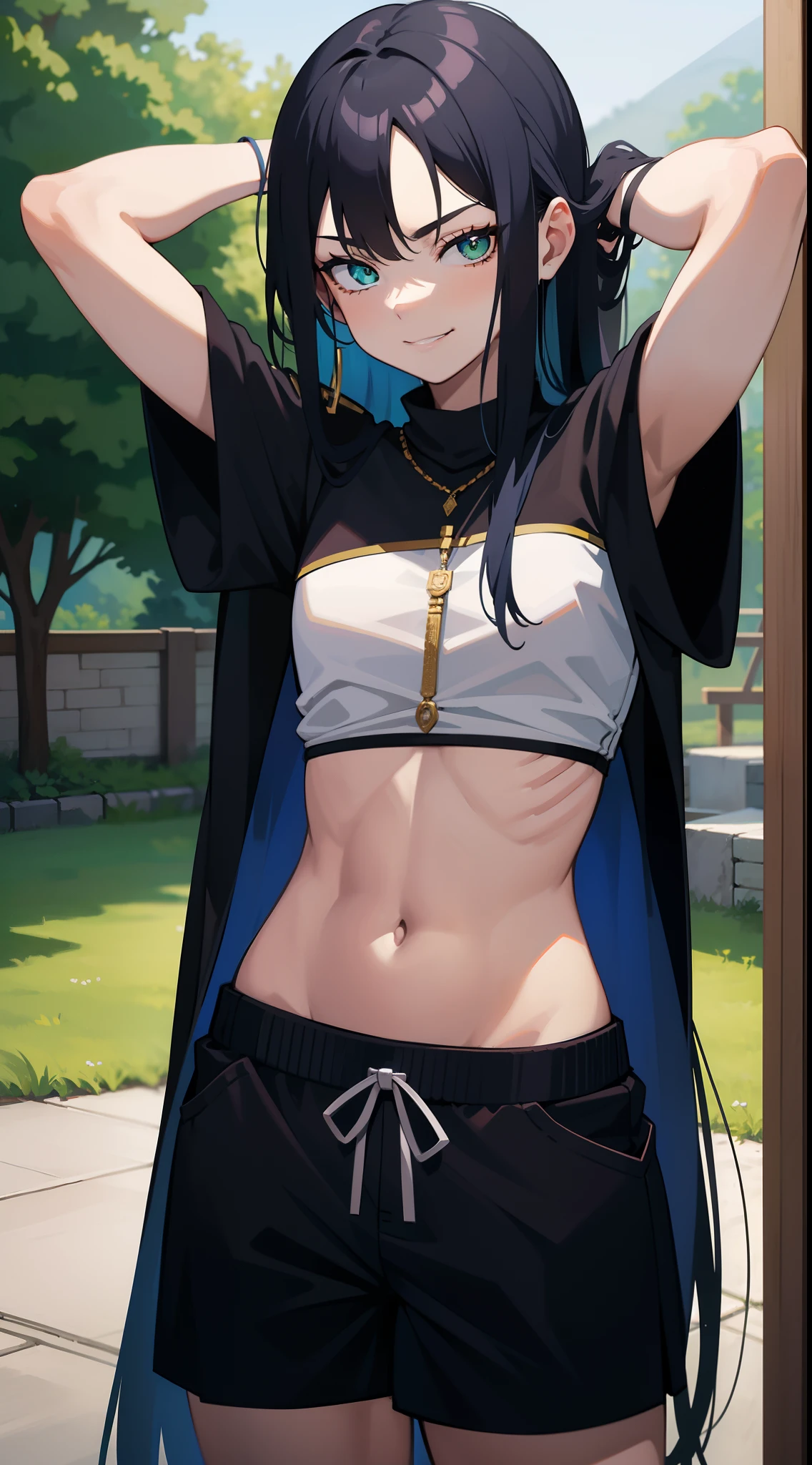 young boy, Long black hair with blue hair tips, Green eyes, Thick openwork top, Shorts, open belly, smirk, hands behind head, Masterpiece, hiquality, high detail, HD, 4k