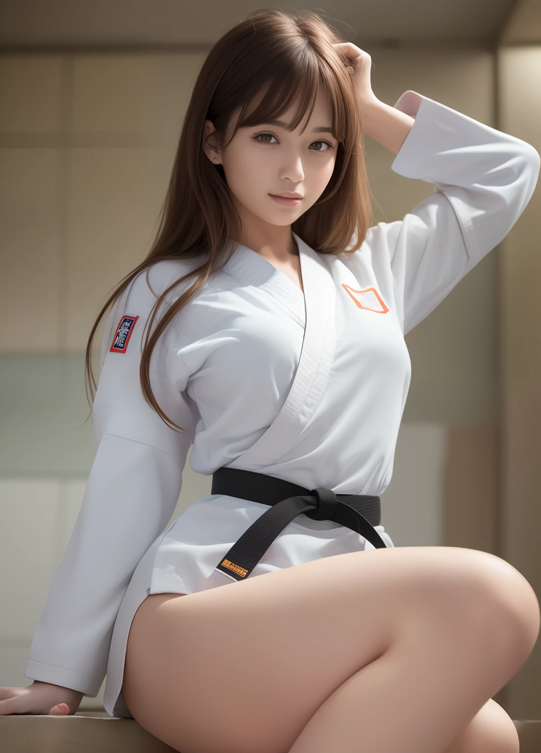 (masterpiece:1.3), (8K, hight resolution, a picture, Top image quality: 1.4), (1girl in), ligh brown hair, waved hair, attractive beautiful face, (A smile: 1.15), , Whole body, bare-legged(White Karate Uniform:1.4), Attractive body with soft curvaceous beauty, Bold sexy poses, perfect anatomia, TOKYOcty