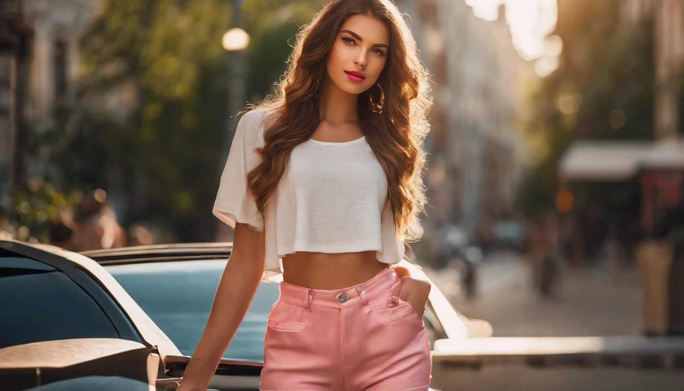 (#best quality,realistic,ultra-detailed),sexy  girl,beautiful detailed eyes,beautiful detailed lips,slightly wet lips,vibrant pink lipstick,radiant skin,glowing complexion,hourglass figure,silky smooth hair,casual outfit:crop top and high-waisted shorts,long legs,trendy accessories,playful expression,cool pose,posing in a sunlit urban street,street art in the background,vivid colors,professional photography style,sharp focus,studio lighting