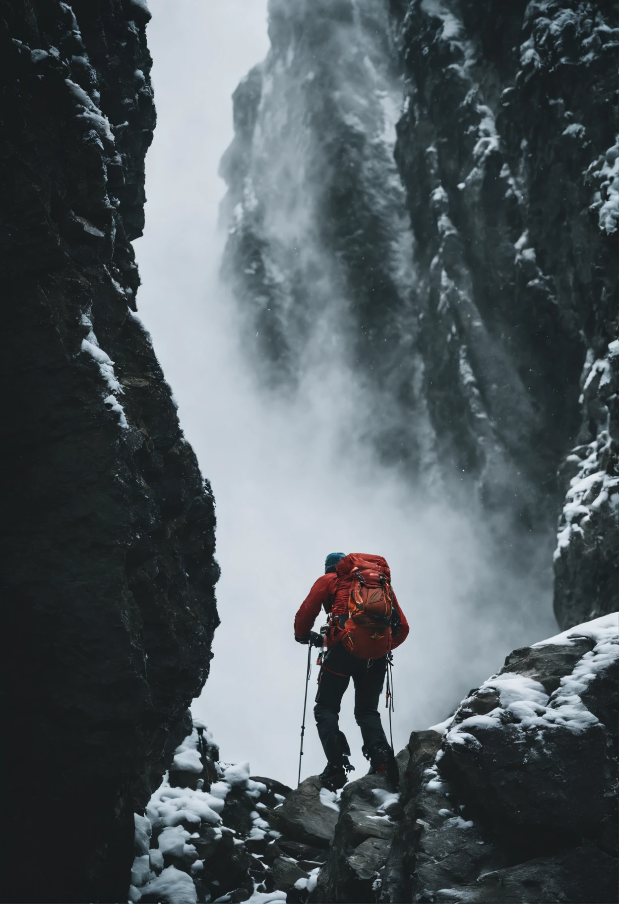 snow mountains, cliff, (1 man: 1.2), (Manloch Climbing: 1.4), Ice axe, lifeline, backpack, Polarized glasses, Icefall, Harnes,Brave climbers tackle rock walls in winter gear, Cannabilus, crochet, Vertical rock wall,danger,Thrilling,People Focus,(8K, 16 K, awardwinning, Best Quality, hight resolution, Super Detail,ultra-detailliert, Anatomically correct, masutepiece)