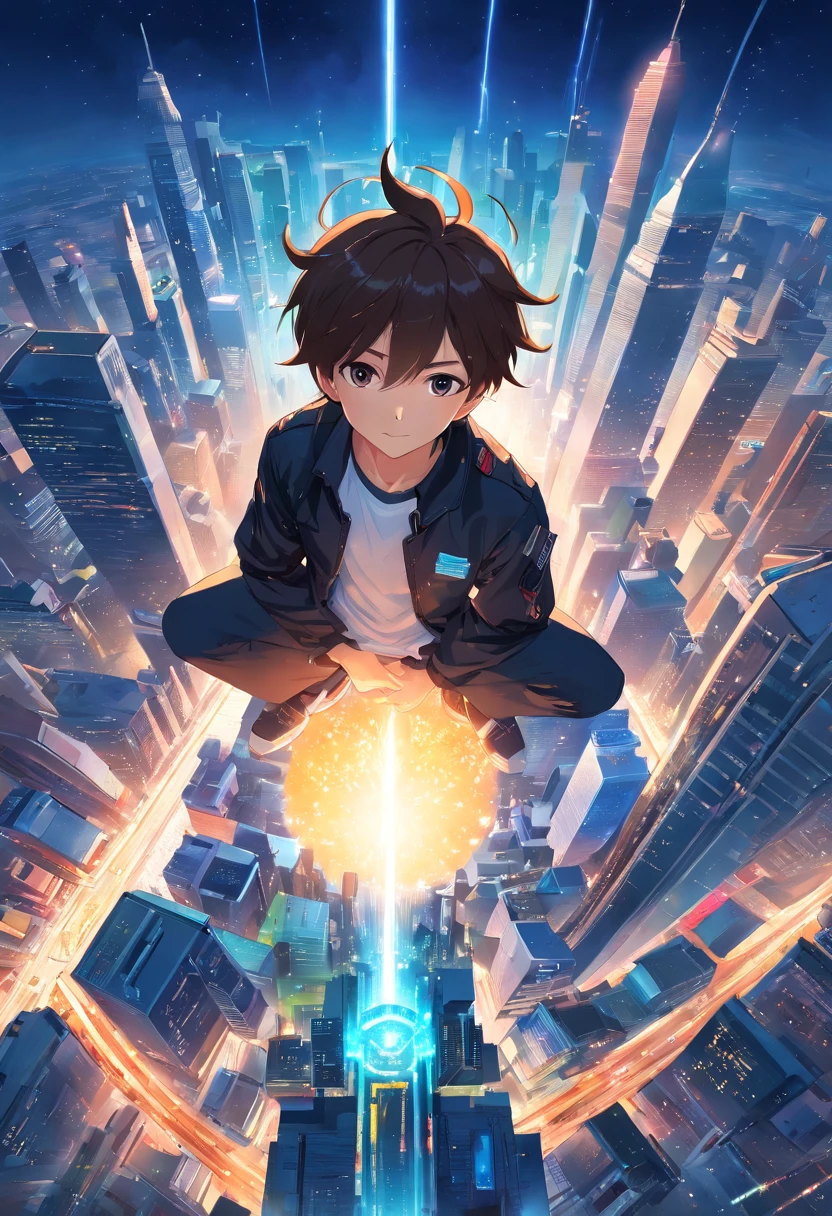 ridiculous resolution, high resolution, (masterpiece:1.4), super detailed, 1boy, seen from above, space, floating, white shirt, black jacket, have some magic, power --v 6
