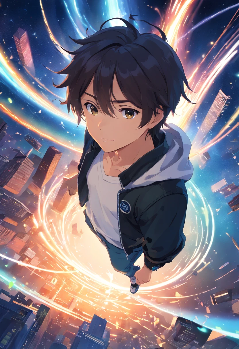 ridiculous resolution, high resolution, (masterpiece:1.4), super detailed, 1boy, seen from above, space, floating, white shirt, black jacket, have some magic, power --v 6