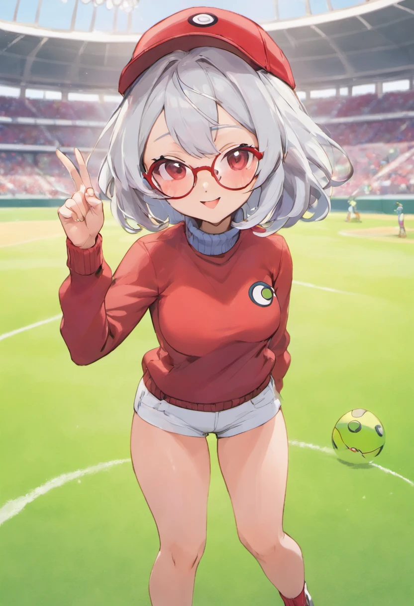 Grinning face,Baseball Cap,Red Baseball Cap.Thrust your right hand forward,white short pants,The field is grassy,Turtleneck knitwear,Red glasses,Hi-Res, 1womanl,Pose with your right arm stretched forward, 独奏,Holding a Poké Ball in Your Hands, grey  eyes, white  hair, Red glasses,Red Baseball Cap, Red knitted turtleneck with long sleeves, White shorts, a belt, stadio, deph of field, Bad face, Stick out the arm holding the poké ball, put hands on the hip,