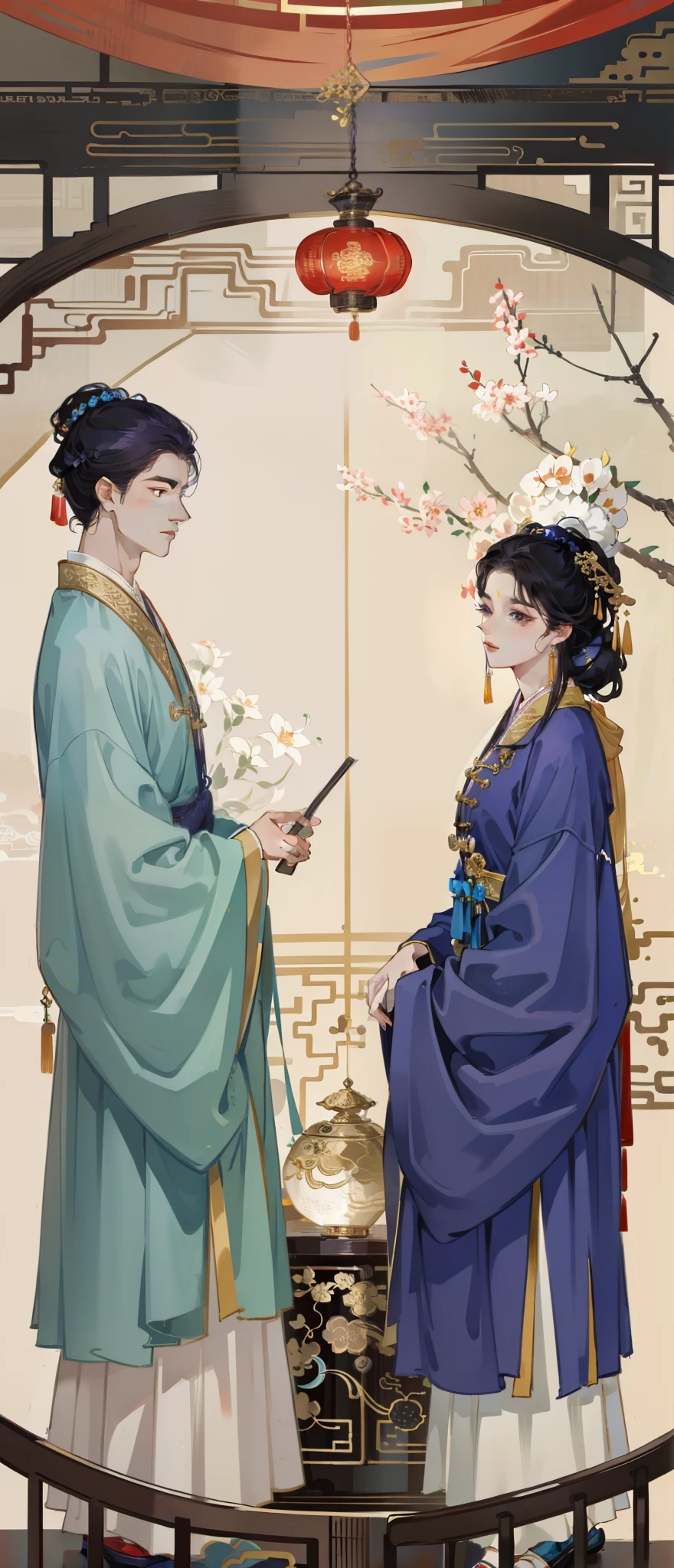 A man and a woman dressed in ancient Chinese costumes, with acient chinese clothes, Traditional Chinese clothing, Wearing a luxurious silk cloak, dressed in simple robes, Wearing a flowing purple robe，The boy on the left，Girl on the right，