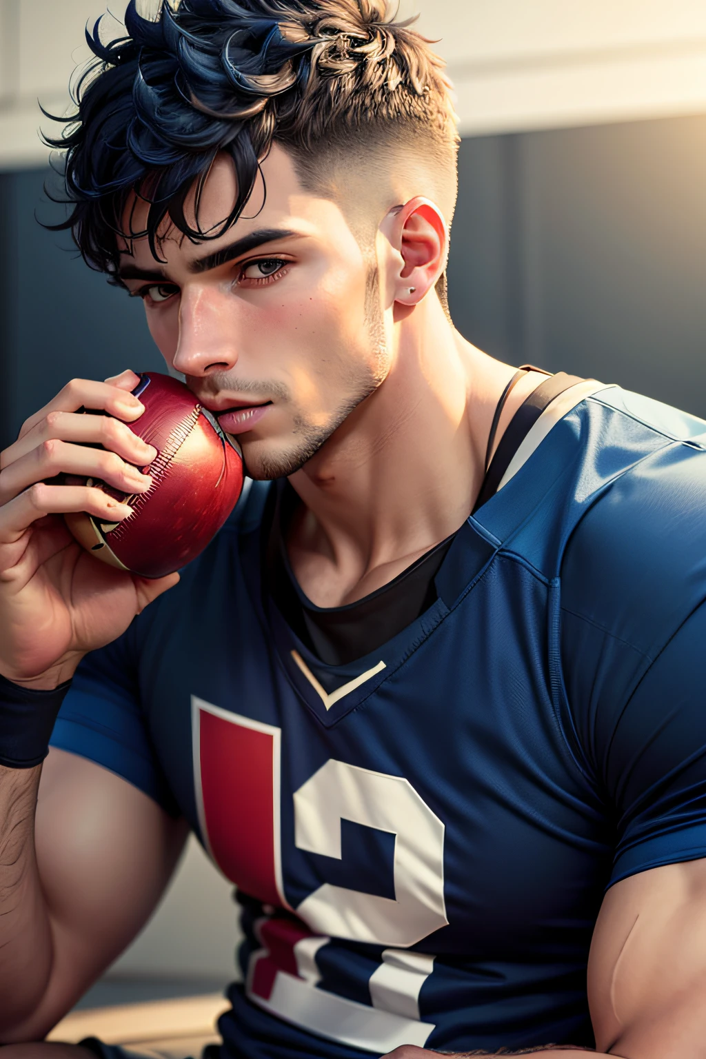 Male football player，blue clothes，eating apple，Apple close-up