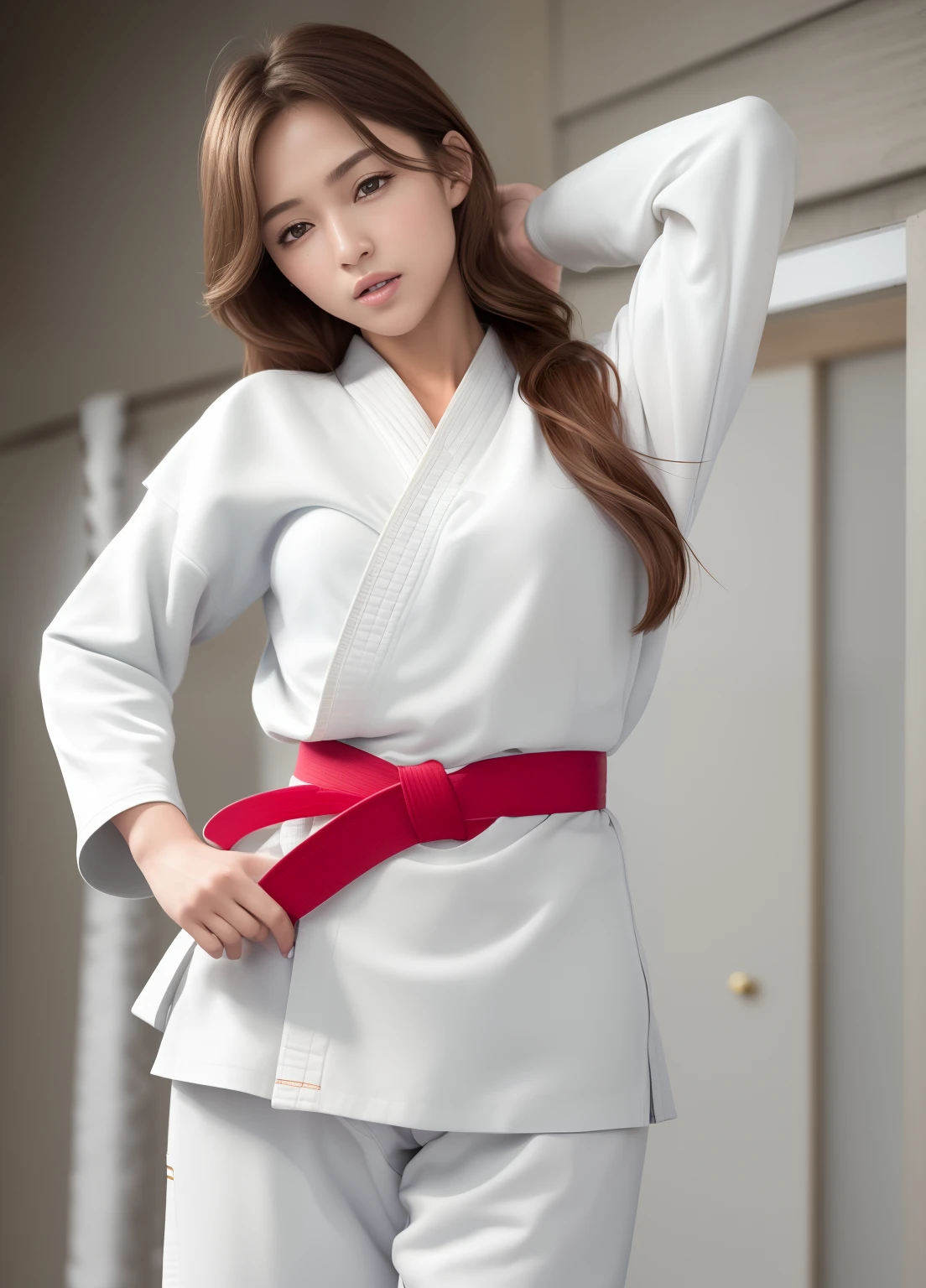 (masterpiece:1.3), (8K, hight resolution, a picture, Top image quality: 1.4), (1girl in), ligh brown hair, waved hair, attractive beautiful face, (A smile: 1.15), 17 age, Whole body, bare-legged(White karate uniform:1.4), Attractive body with soft curvaceous beauty, Bold sexy poses, perfect anatomia, TOKYOcty