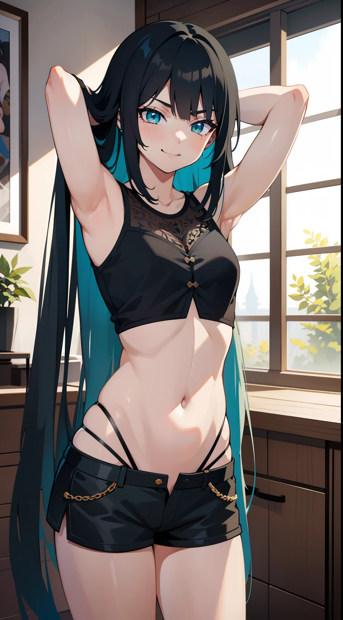 young boy, Long black hair with blue hair tips, Green eyes, Thick openwork top, Shorts, open belly, smirk, hands behind head, Masterpiece, hiquality, high detail, HD, 4k