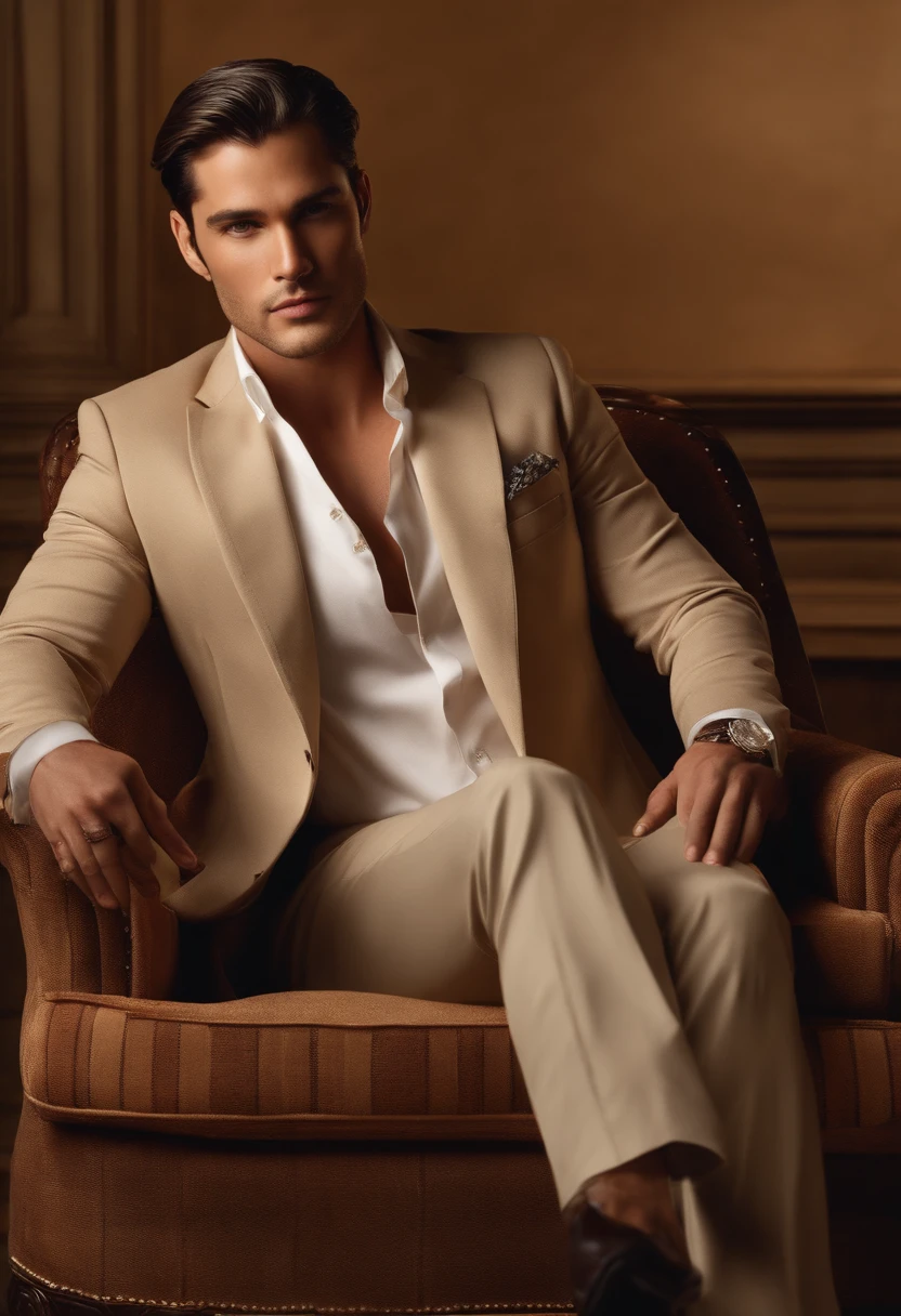 character sitting in a chair with arm raised, dark hair (neck length hair tied in a ponytail), nice pose, handsome man, pretty face, royal elegant pose, business man, (in a striped blazer), (The surrounding environment is a luxurious and classic living room) (sand tone image)