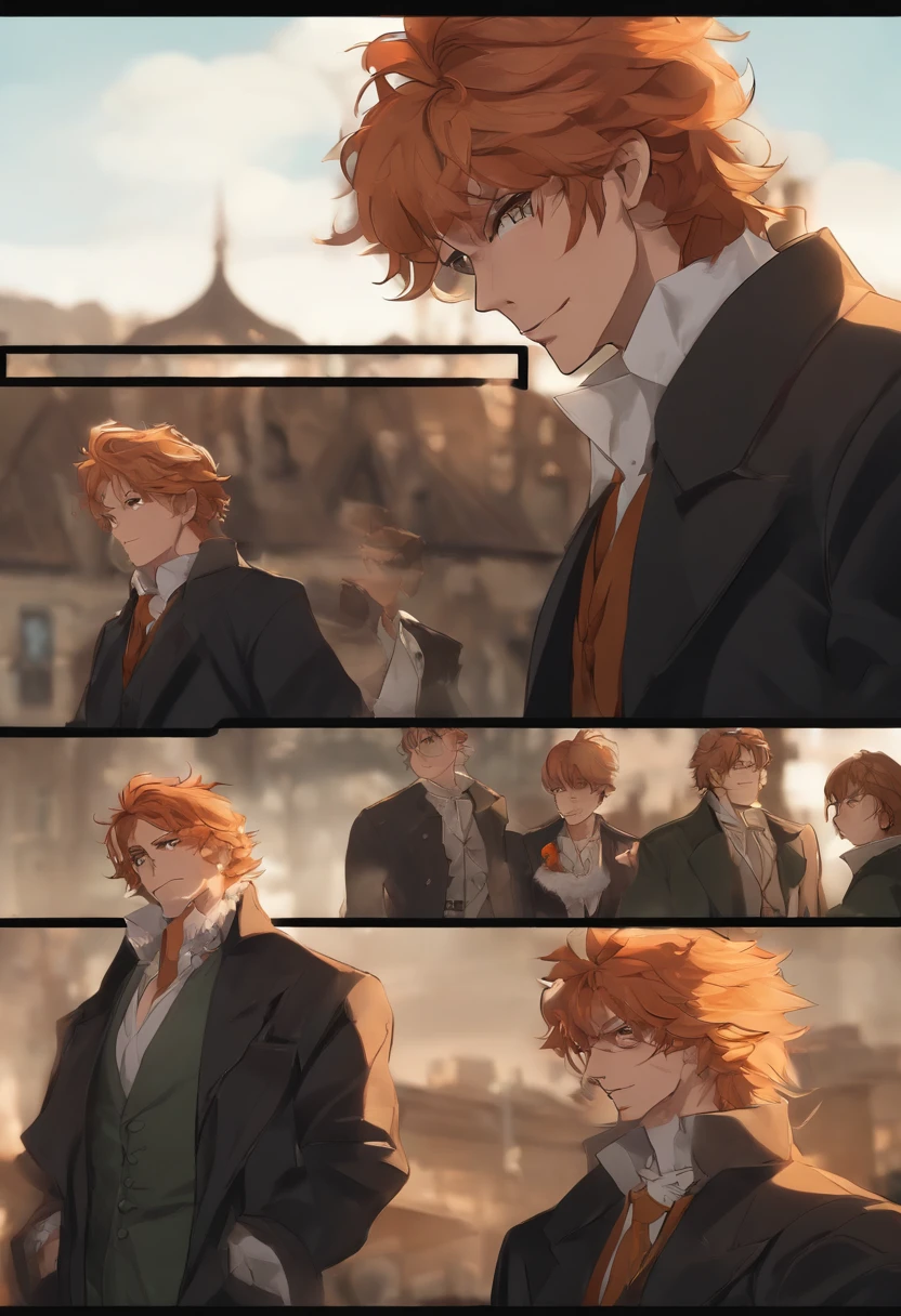 ((Highest quality, Masterpiece, 1 male, Handsome, Male, Adult male, Old guy, Broad shoulders, Tall height((Big hair)), looking at viewert ((Green eyes)), ((Orange hair, Hair tied), standing, nipple piercing, Old, Adult, Anime version, Black coat clothing, Tall man, anime big breast, Large outfit, Displays the entire role