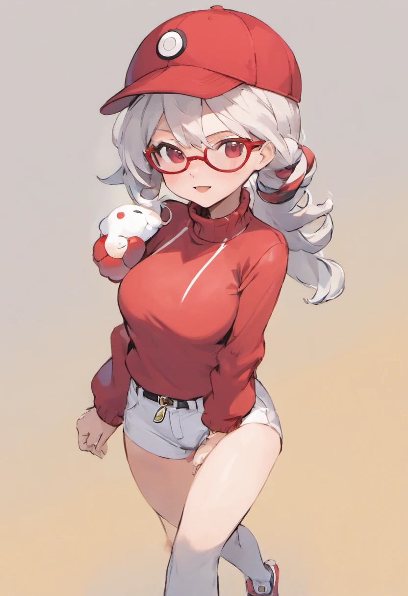 Grinning face,Baseball Cap,Red Baseball Cap.Thrust your right hand forward,white short pants,deph of field,tussock,Turtleneck knitwear,Red glasses,Hi-Res, 1womanl,Pose with your right arm stretched forward, 独奏,Holding a Poké Ball in Your Hands, grey eyes, white hair, Red glasses,Red Baseball Cap, Red knitted turtleneck with long sleeves, White shorts, a belt, Bad face, Stick out the arm holding the poké ball, put hands on the hip,