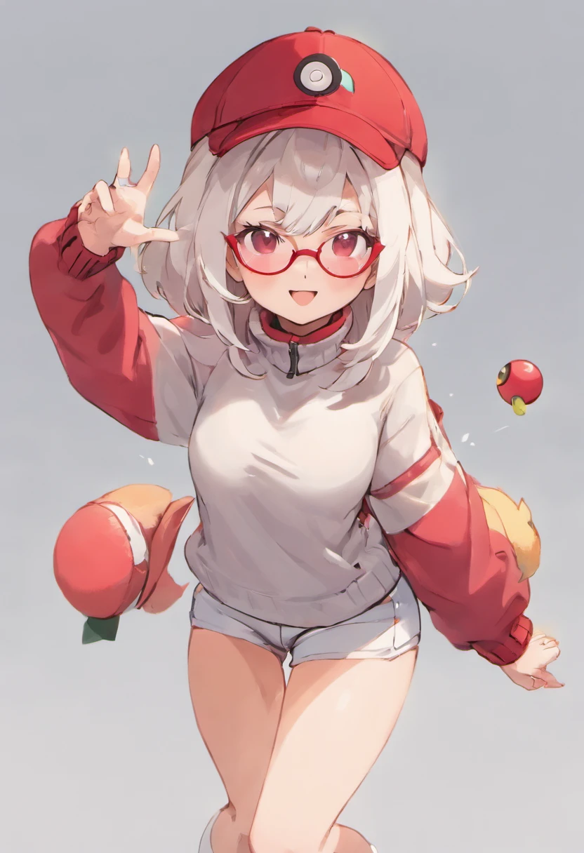 Grinning face,Baseball Cap,Red Baseball Cap.Thrust your right hand forward,white short pants,deph of field,tussock,Turtleneck knitwear,Red glasses,Hi-Res, 1womanl,Pose with your right arm stretched forward, 独奏,Holding a Poké Ball in Your Hands, grey eyes, white hair, Red glasses,Red Baseball Cap, Red knitted turtleneck with long sleeves, White shorts, a belt, Bad face, Stick out the arm holding the poké ball, put hands on the hip,