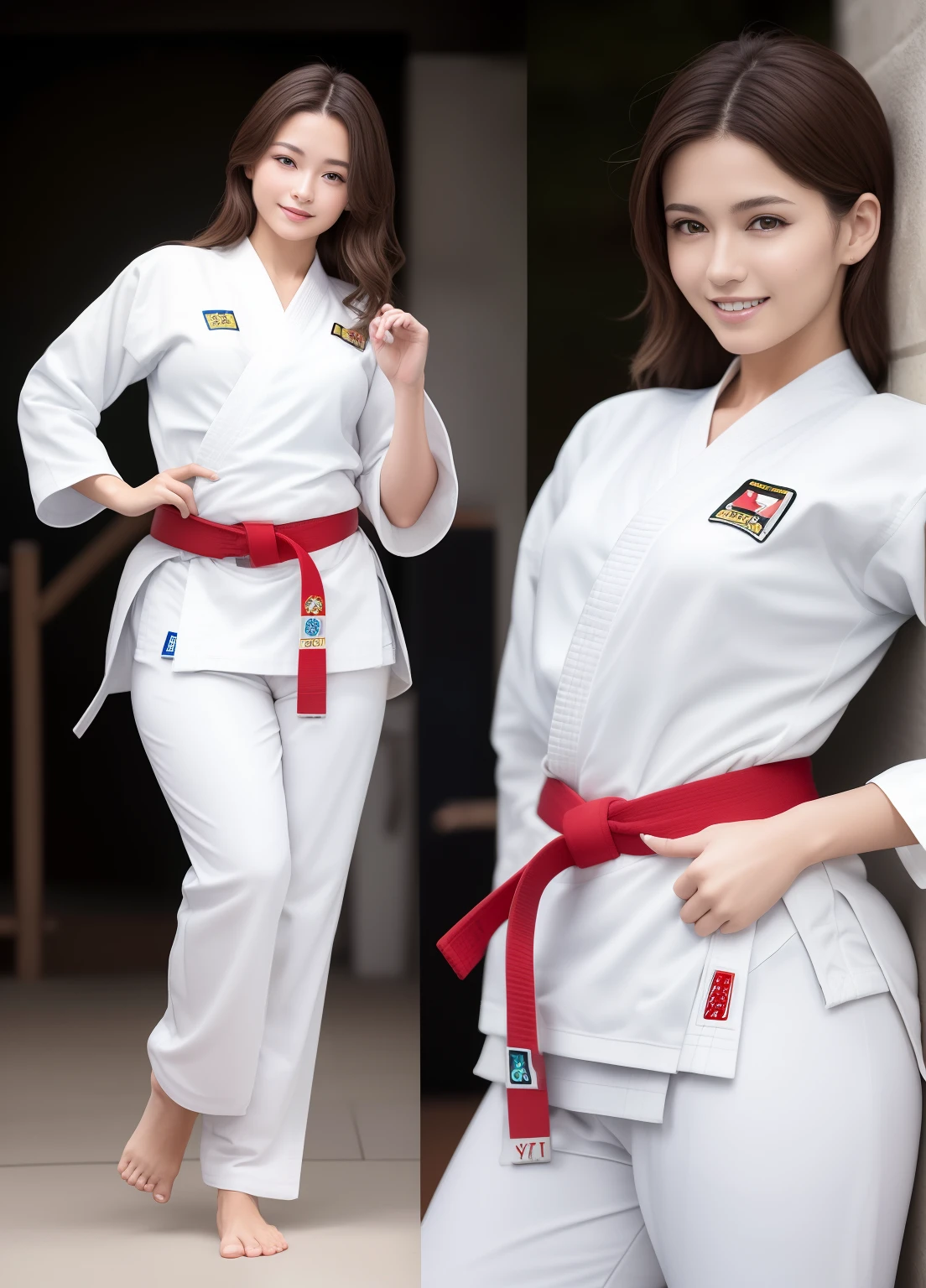(masterpiece:1.3), (8K, hight resolution, a picture, Top image quality: 1.4), ligh brown hair, Medium wavy hair, Fascinating beauty, (A smile: 1.15), 18year old, Whole body, bare-legged(White karate uniform:1.4), Soft, Curvaceous body, middlebreasts, Bold sexy poses, perfect anatomia, TOKYOcty