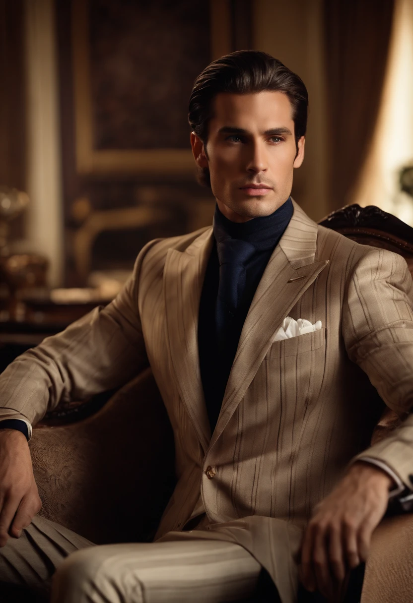 character sitting in a chair with arm raised, dark hair (neck length hair tied in a ponytail), nice pose, handsome man, pretty face, royal elegant pose, business man, (in a striped blazer), (The surrounding environment is a luxurious and classic living room) (sand tone image)