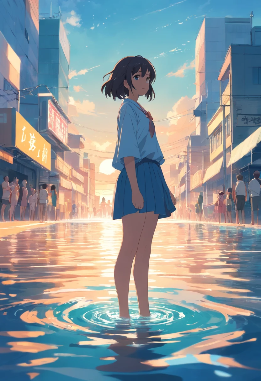 A girl standing in the water,Facing the audience
