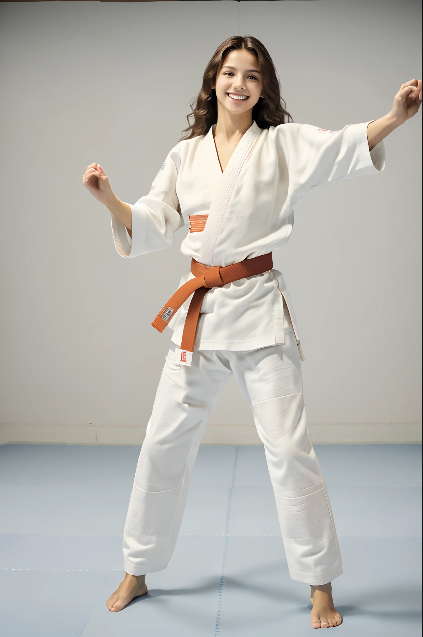 (​masterpiece:1.3), (8k, hight resolution, a picture, Top image quality: 1.4), ligh brown hair, Medium wavy hair, Fascinating beauty, (A smile: 1.15), 18year old, Whole body, bare-legged(White karate clothes:1.4), (Model-like body style),Bold sexy poses, perfect anatomia,