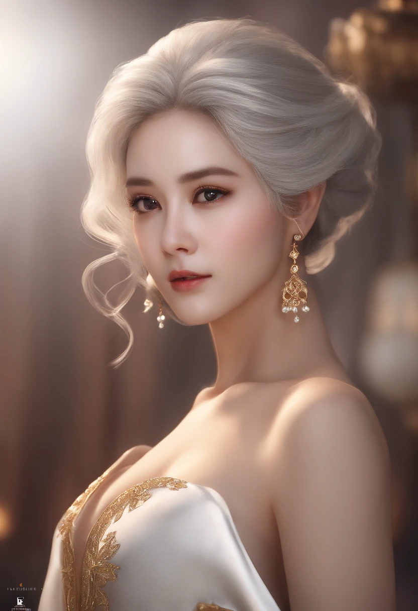 (Best Quality, masutepiece:1.2), 超A high resolution, Realistic, Front lighting, intricate detailes, Exquisite details and textures, 1girl in, Solo ,(年轻), Face Highlight, Upper body, Detailed face, Tear mole, White skin, Silver hair, Ponytail, Braid hair, Looking at Viewer, Big eyes, silk robe, (Hollow pattern, white, Silk), earrings, Small breasts, Slim body, luxury room, Professional Lighting, Photon mapping, Radio City, Physically-based rendering,