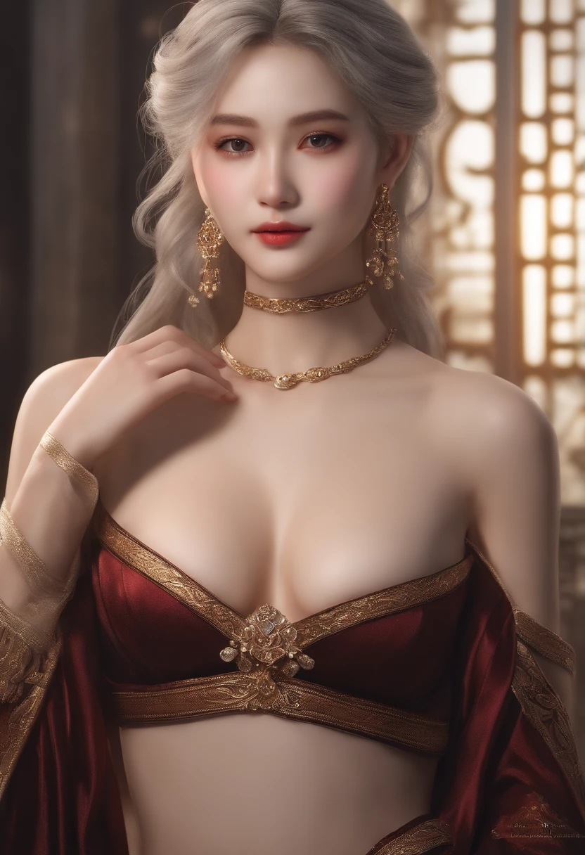 (Best Quality, masutepiece:1.2), 超A high resolution, Realistic, Front lighting, intricate detailes, Exquisite details and textures, 1girl in, Solo ,(年轻), Face Highlight, Upper body, Detailed face, Tear mole, White skin, Silver hair, Ponytail, Braid hair, Looking at Viewer, Big eyes, silk robe, (Hollow pattern, white, Silk), earrings, Small breasts, Slim body, luxury room, Professional Lighting, Photon mapping, Radio City, Physically-based rendering,