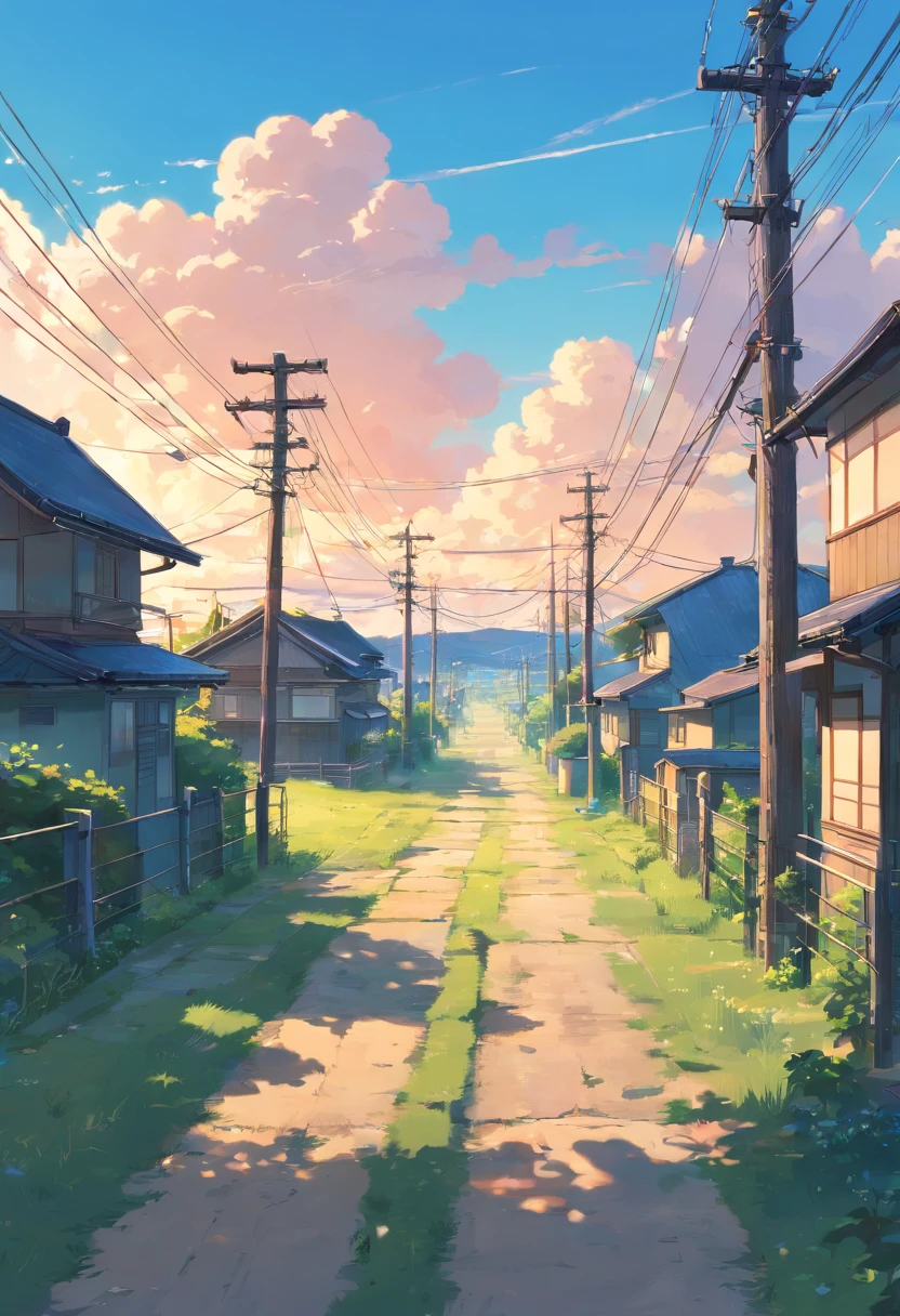 Field path，telephone poles，Japanese style houses，Clouds，Clear blue sky。