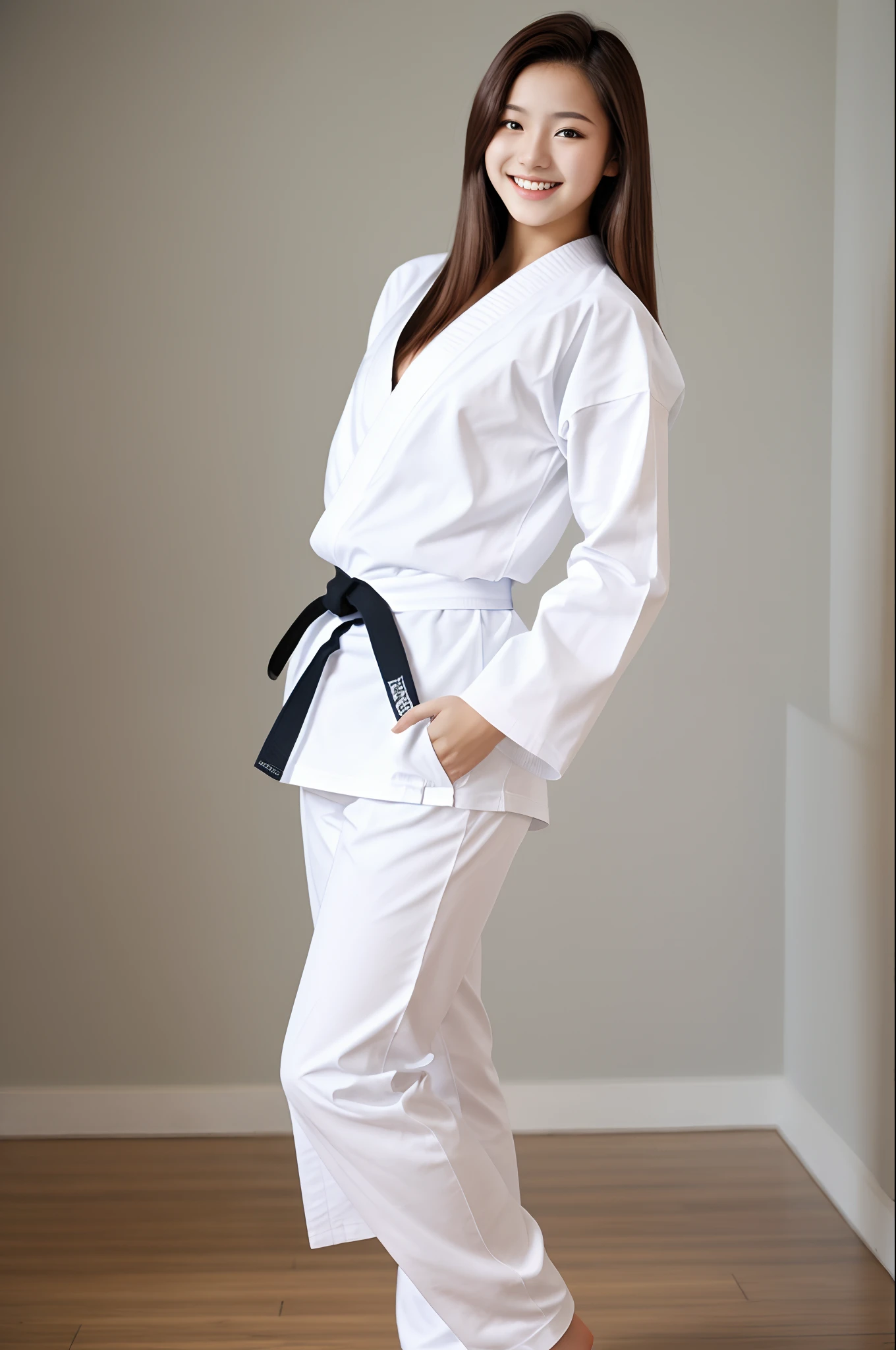 Photorealsitic ligh brown hair Beautie Henyo Henyo smile 18year old Standing full bodyesbian bare-legged White karate uniform Bold sexy poses