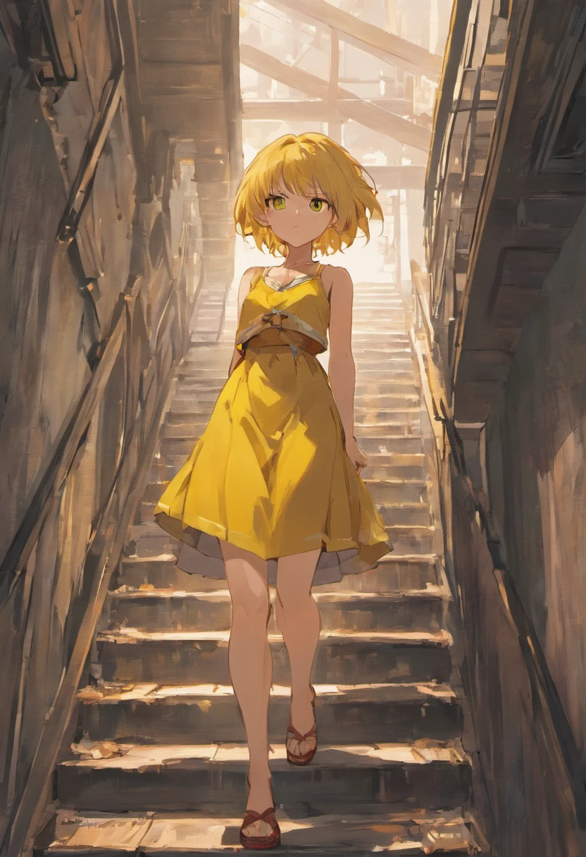 (super fine illustration), (masterpiece),best quality, ultra high res, beautiful woman in front of stair, short hair, yellow eyes, small breasts, sleeveless shirt, armpit, abandoned and desolate building, Nostalgic and melancholic atmosphere