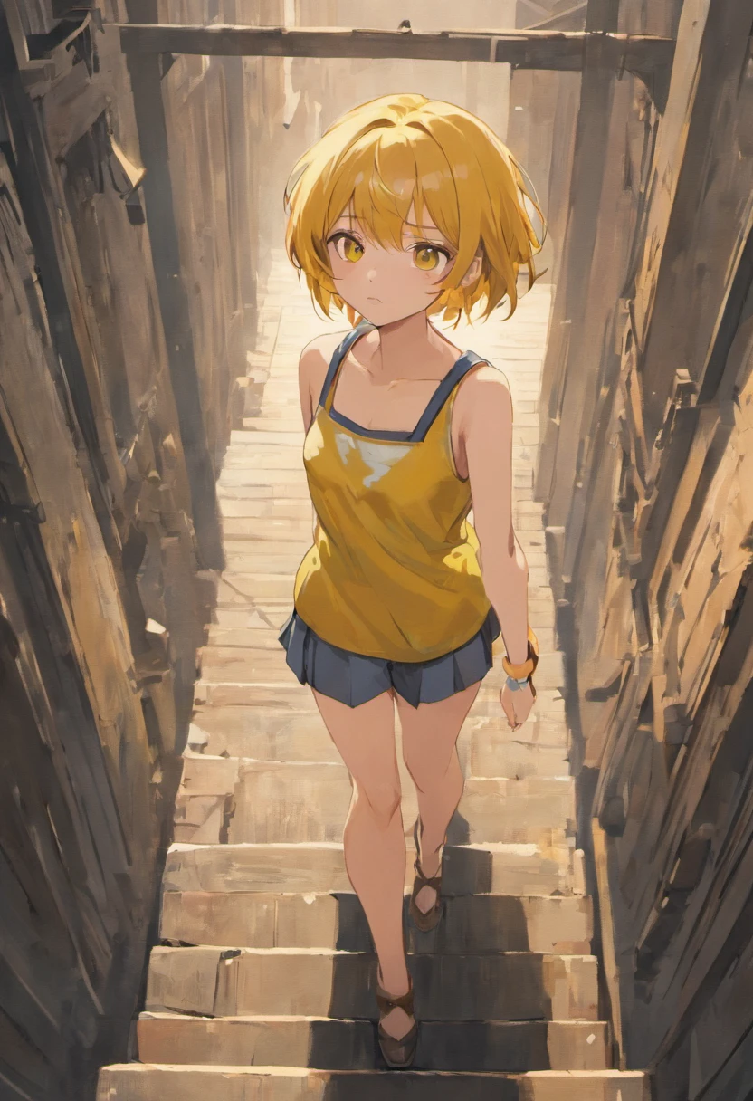 (super fine illustration), (masterpiece),best quality, ultra high res, beautiful woman in front of stair, short hair, yellow eyes, small breasts, sleeveless shirt, armpit, abandoned and desolate building, Nostalgic and melancholic atmosphere