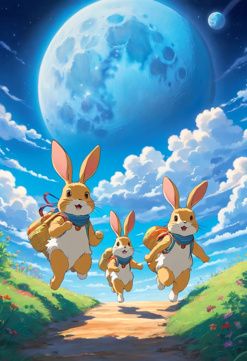 There are three rabbits running on the moon，Blue sky in the background