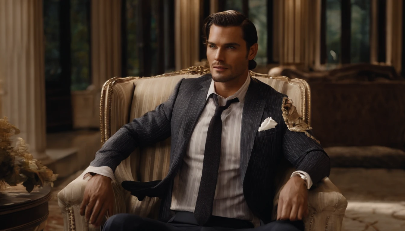 character sitting in a chair with arm raised, dark hair (neck length hair tied in a ponytail), nice pose, handsome man, pretty face, royal elegant pose, business man, (in a striped blazer), (The surrounding environment is a luxurious and classic living room) (sand tone image)