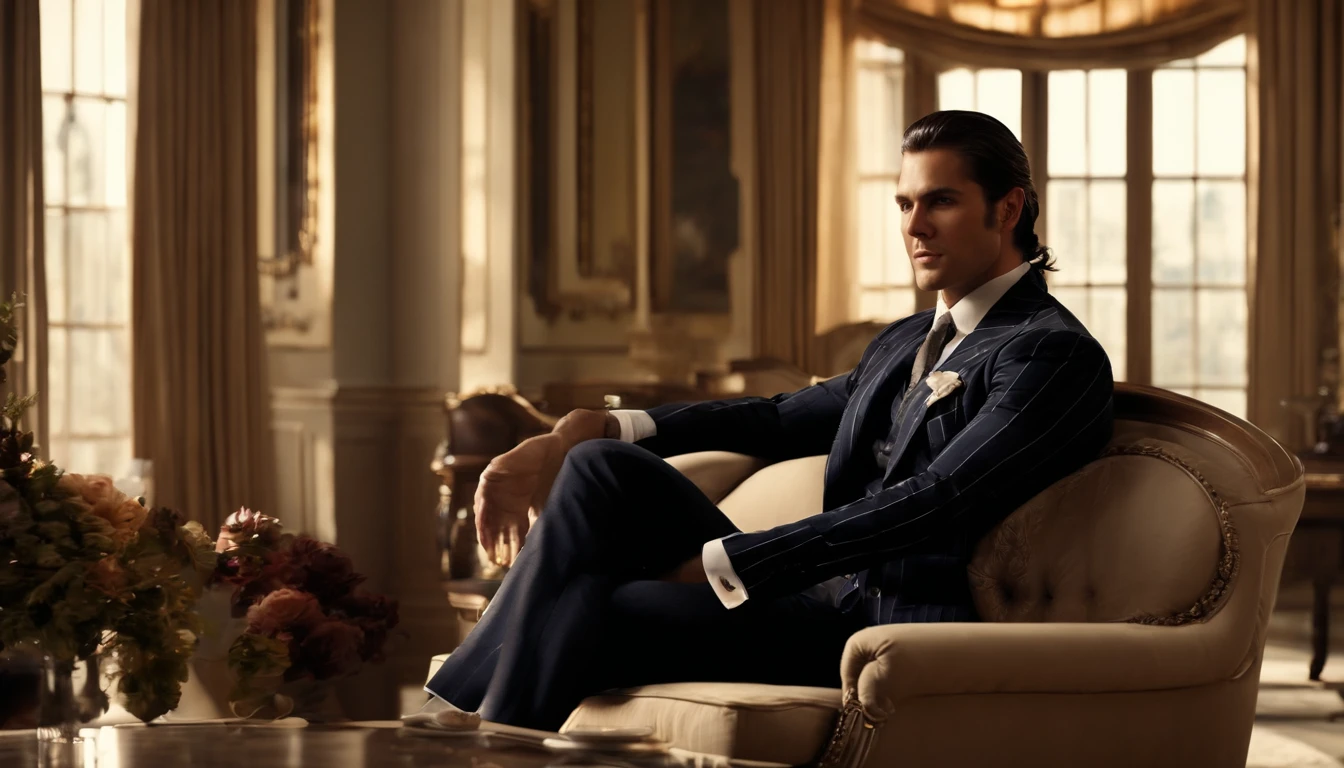 character sitting in a chair with arm raised, dark hair (neck length hair tied in a ponytail), nice pose, handsome man, pretty face, royal elegant pose, business man, (in a striped blazer), (The surrounding environment is a luxurious and classic living room) (sand tone image)