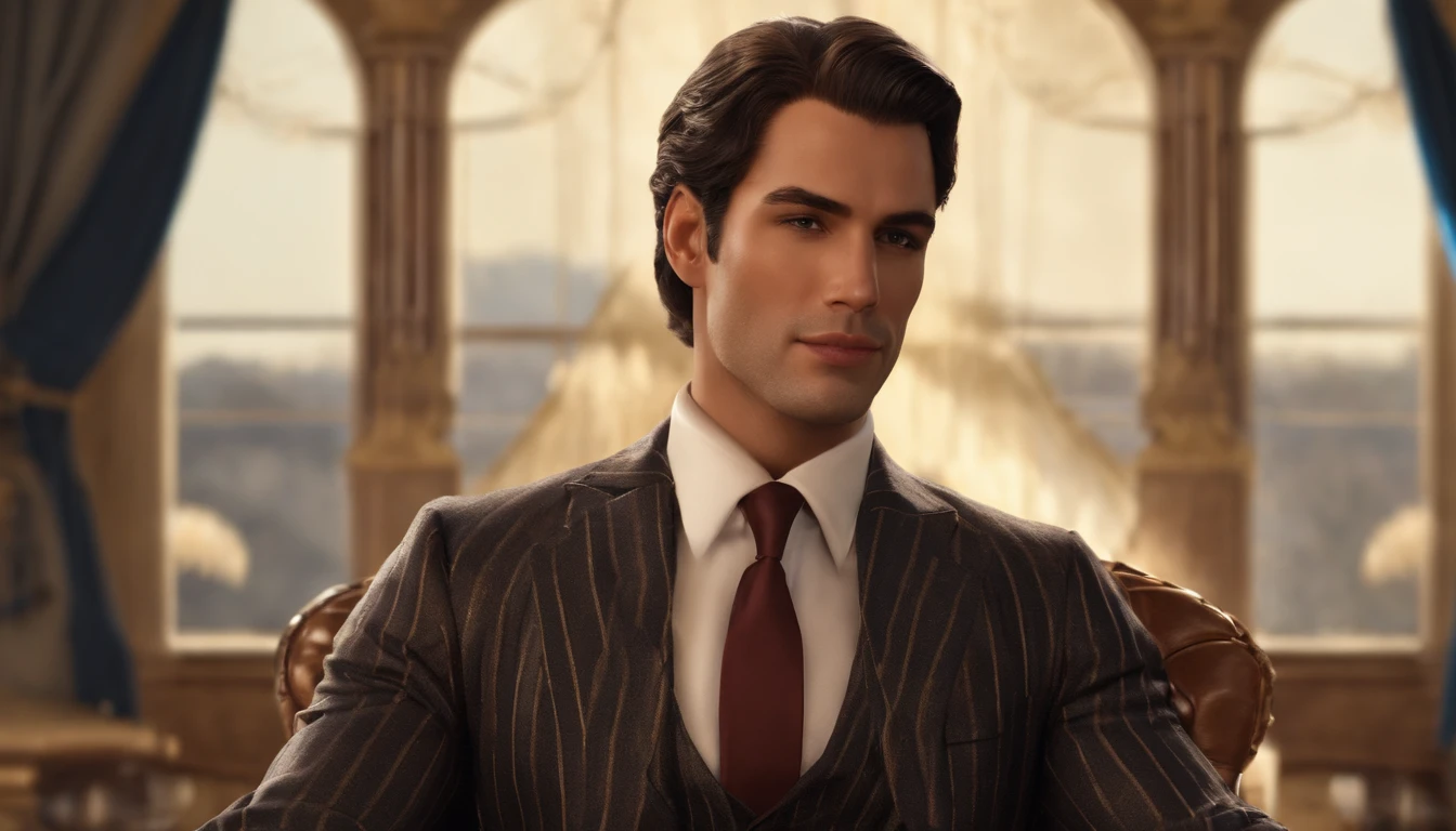 character sitting in a chair with arm raised, dark hair (neck length hair tied in a ponytail), nice pose, handsome man, pretty face, royal elegant pose, business man, (in a striped blazer), (The surrounding environment is a luxurious and classic living room) (sand tone image)