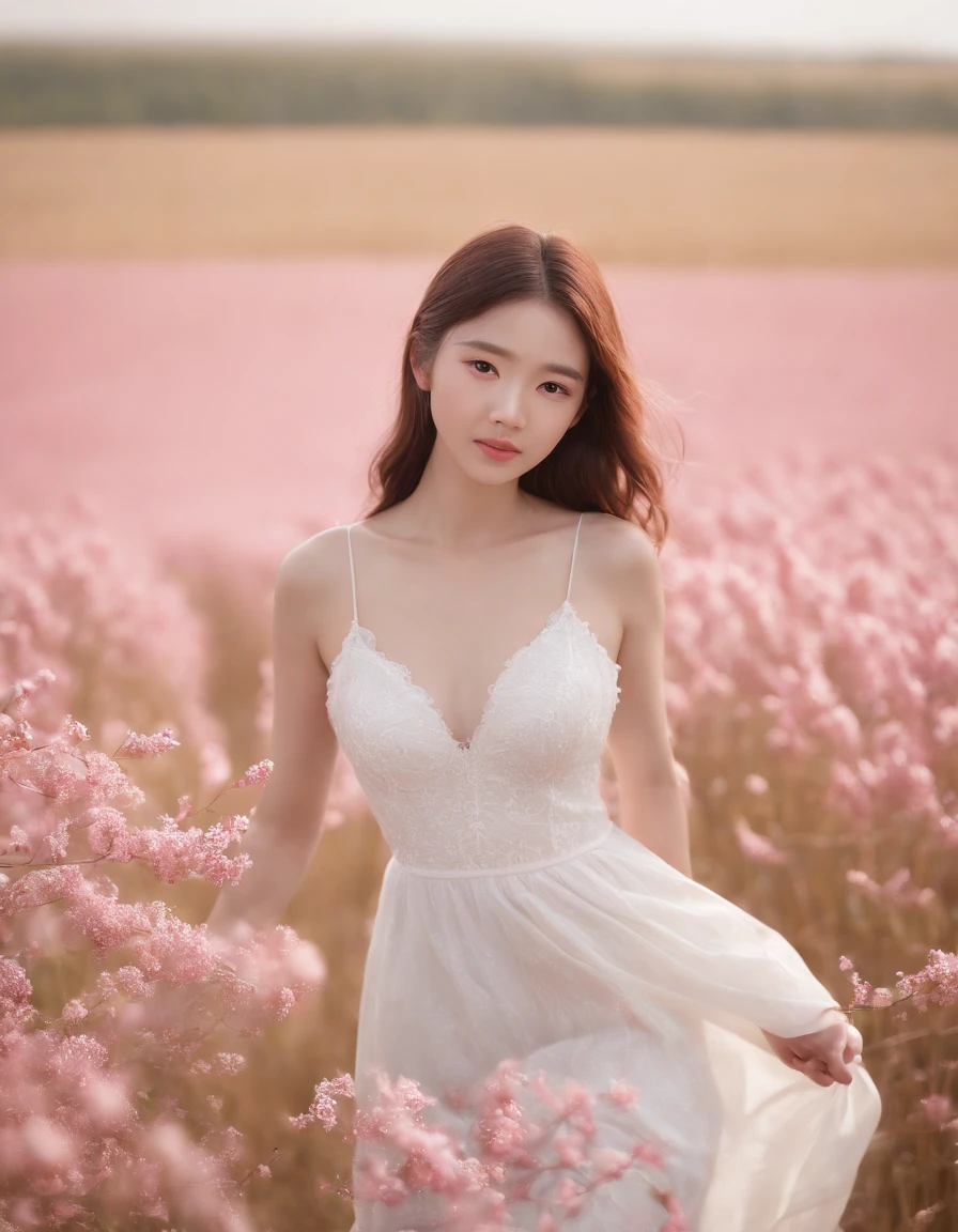 Best quality, Masterpiece, 超高分辨率 (Photorealistic: 1.4), RAW photo, 1 girl, White dress, Bare shoulders, Blooming pink flower field, Glowing skin, Slight smile