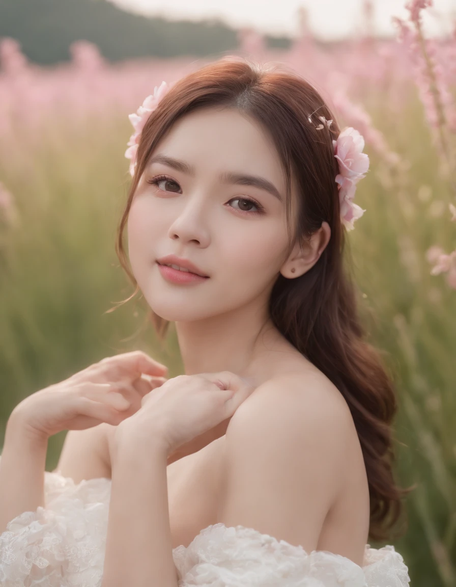 Best quality, Masterpiece, 超高分辨率 (Photorealistic: 1.4), RAW photo, 1 girl, White dress, Bare shoulders, Blooming pink flower field, Glowing skin, Slight smile